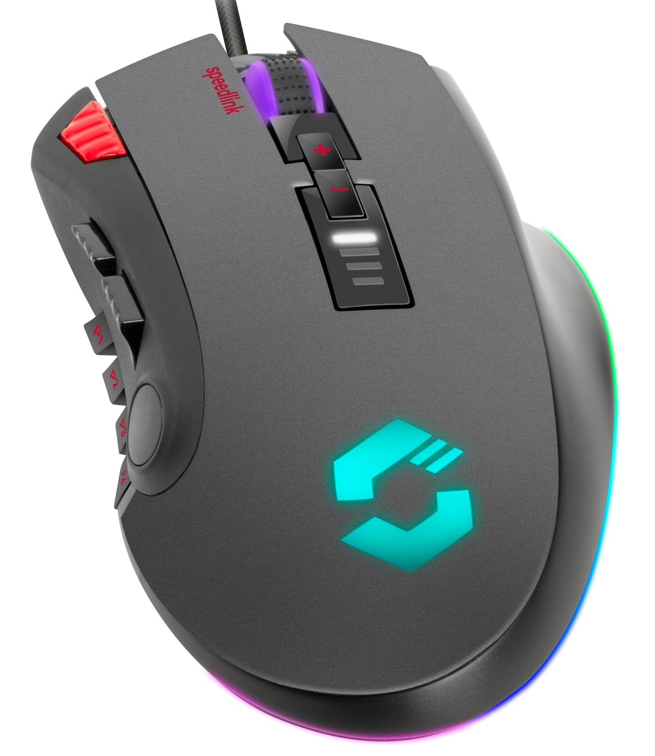 Un mouse da gaming grigio scuro con pulsanti rossi, rotellina viola e logo blu luminoso.