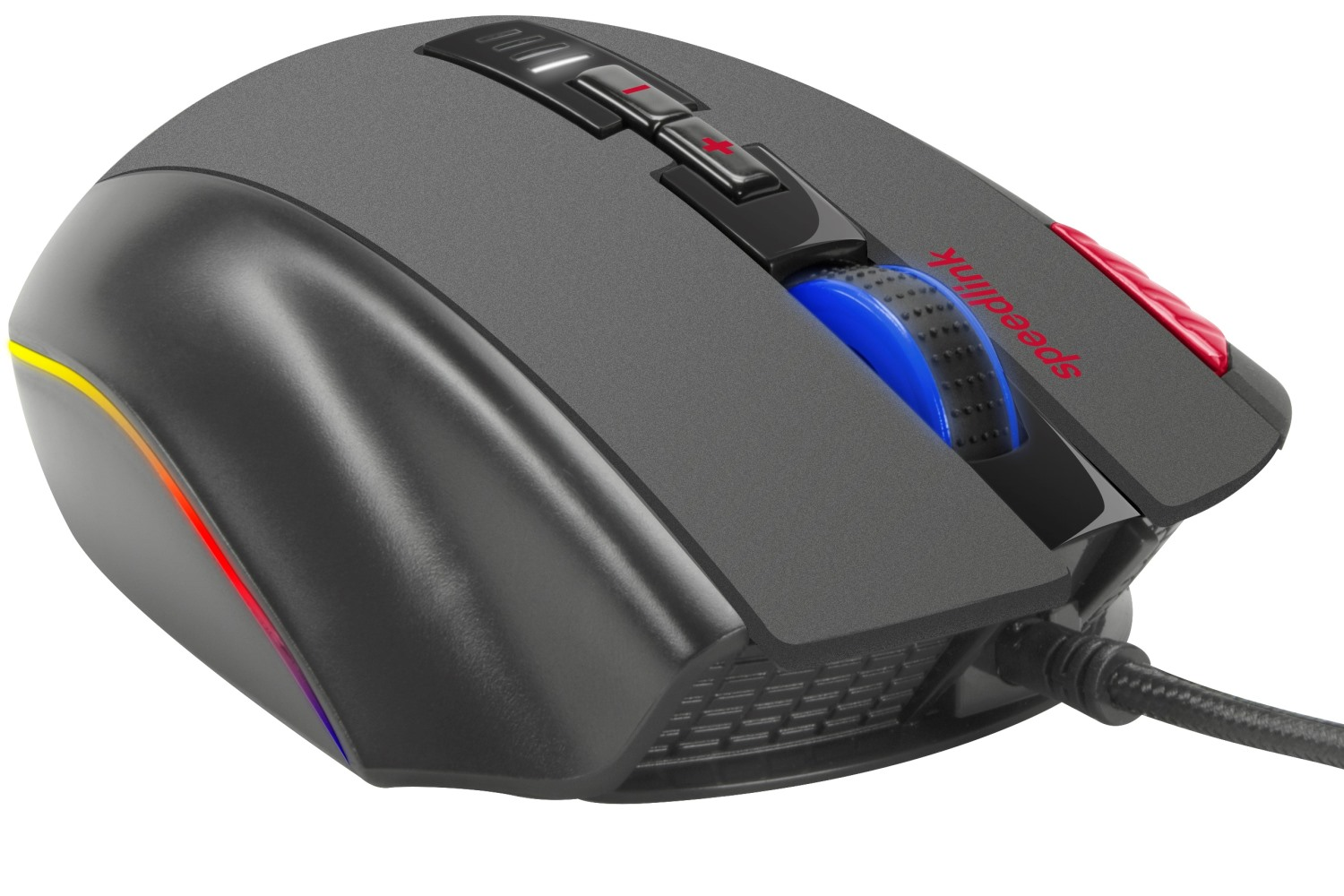 Mouse gaming grigio con rotella blu e pulsanti rossi.