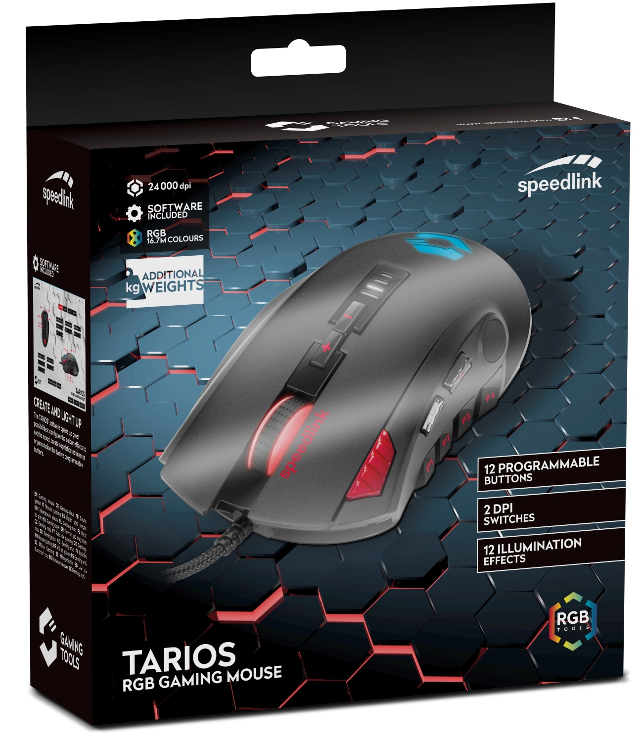 Un mouse gaming grigio Speedlink Tarios RGB con accenti rossi su scatola nera.