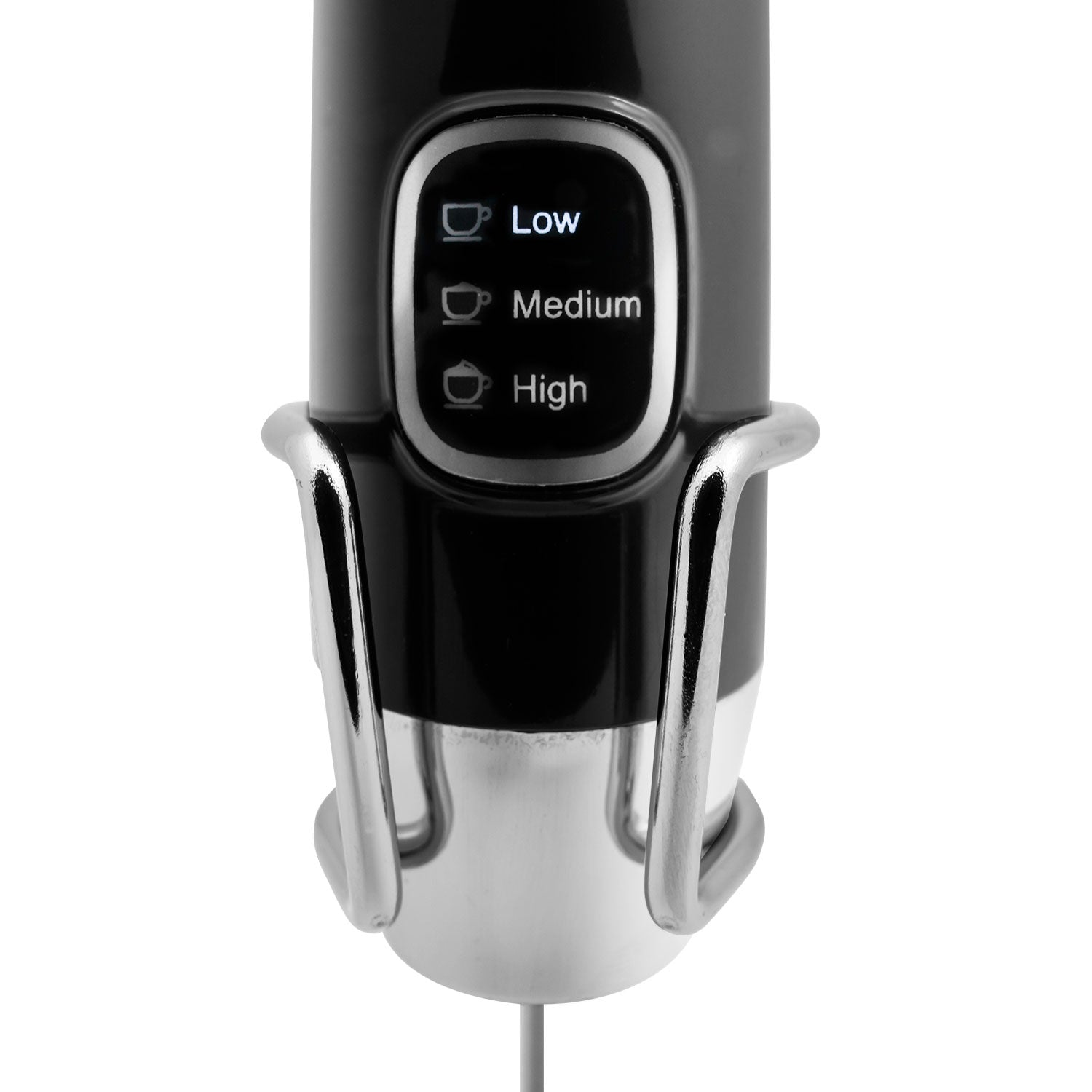 Close-up of a black immersion blender base with chrome holder and Low, Medium, High settings.