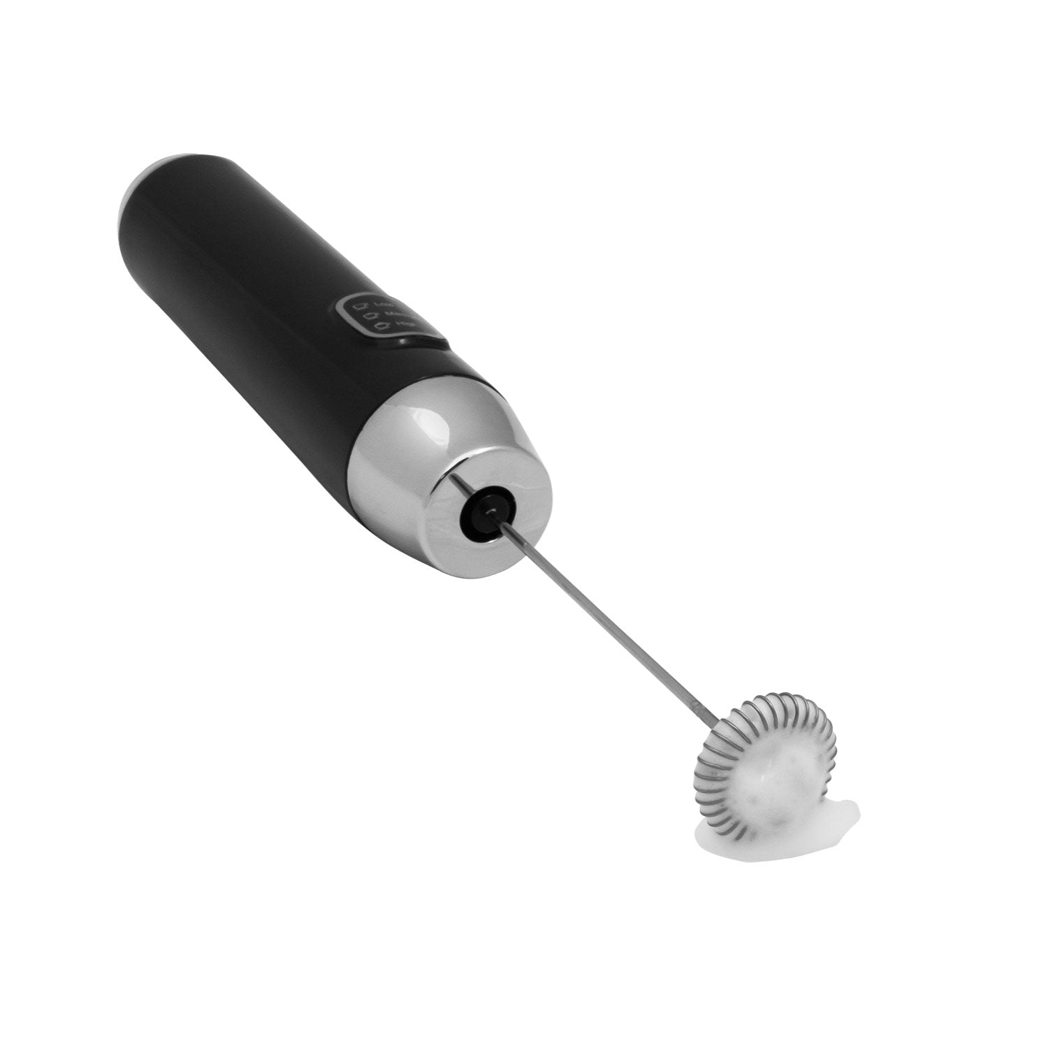 A black milk frother with a silver handle and whisk frothing foam.