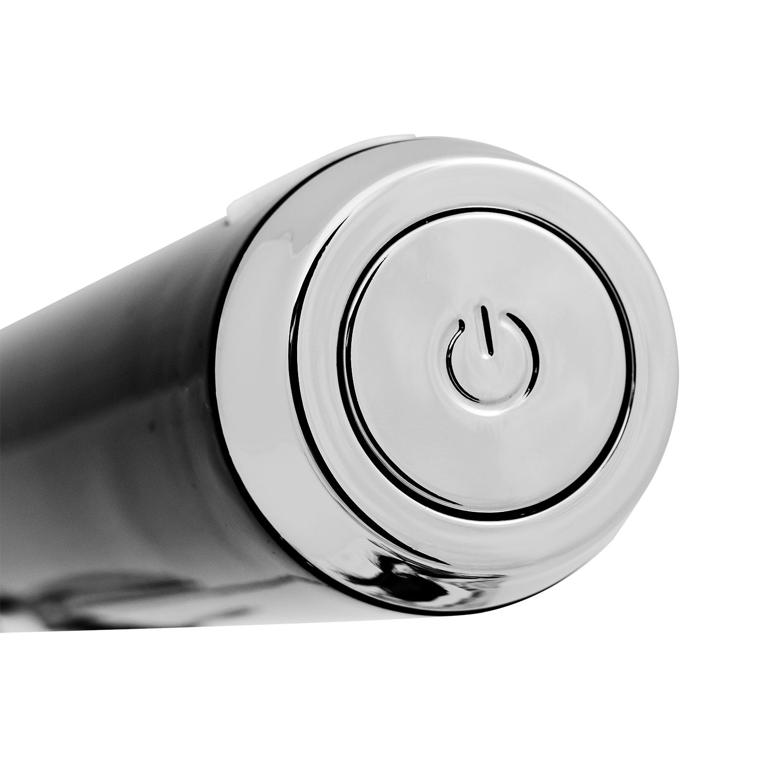 A shiny, silver button with a power symbol on it.