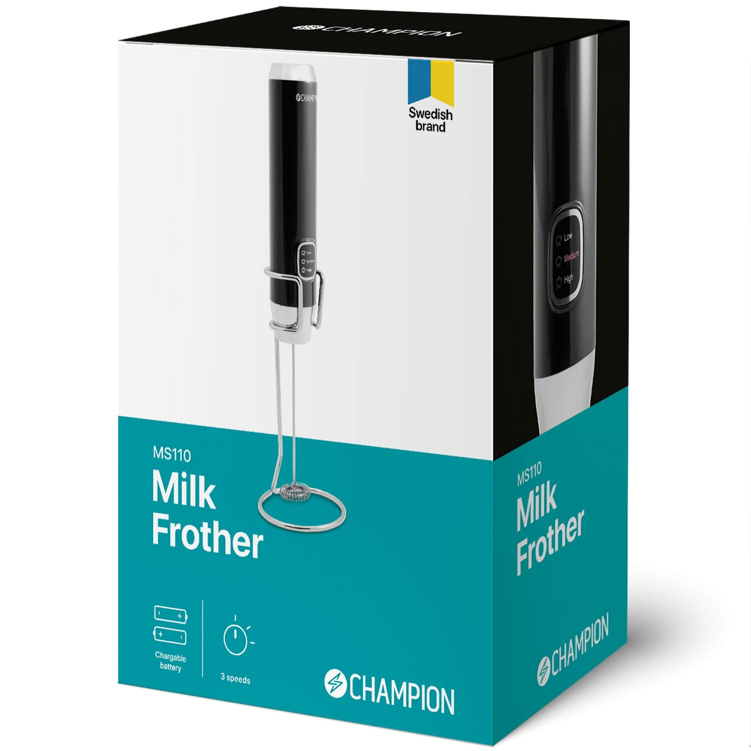 Packaging of a black milk frother with accessories and brand details.
