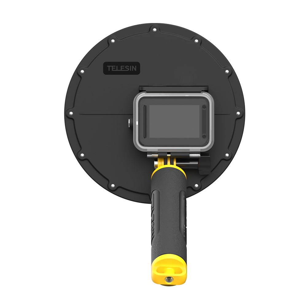 Zwarte dome poort met Telesin logo, GoPro camera en zwarte handgreep.