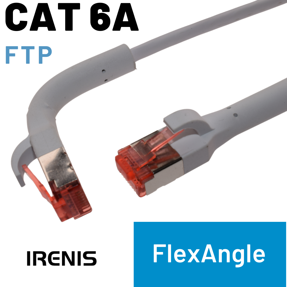Kırmızı RJ45 konnektörlü gri CAT 6A FTP kablo. Irenis ve FlexAngle.
