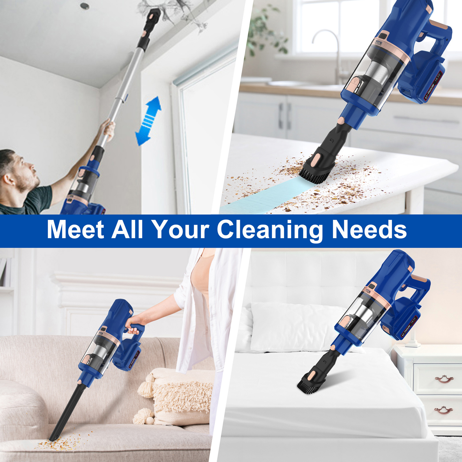 Un aspirapolvere blu pulisce soffitto, tavolo, divano e letto.
