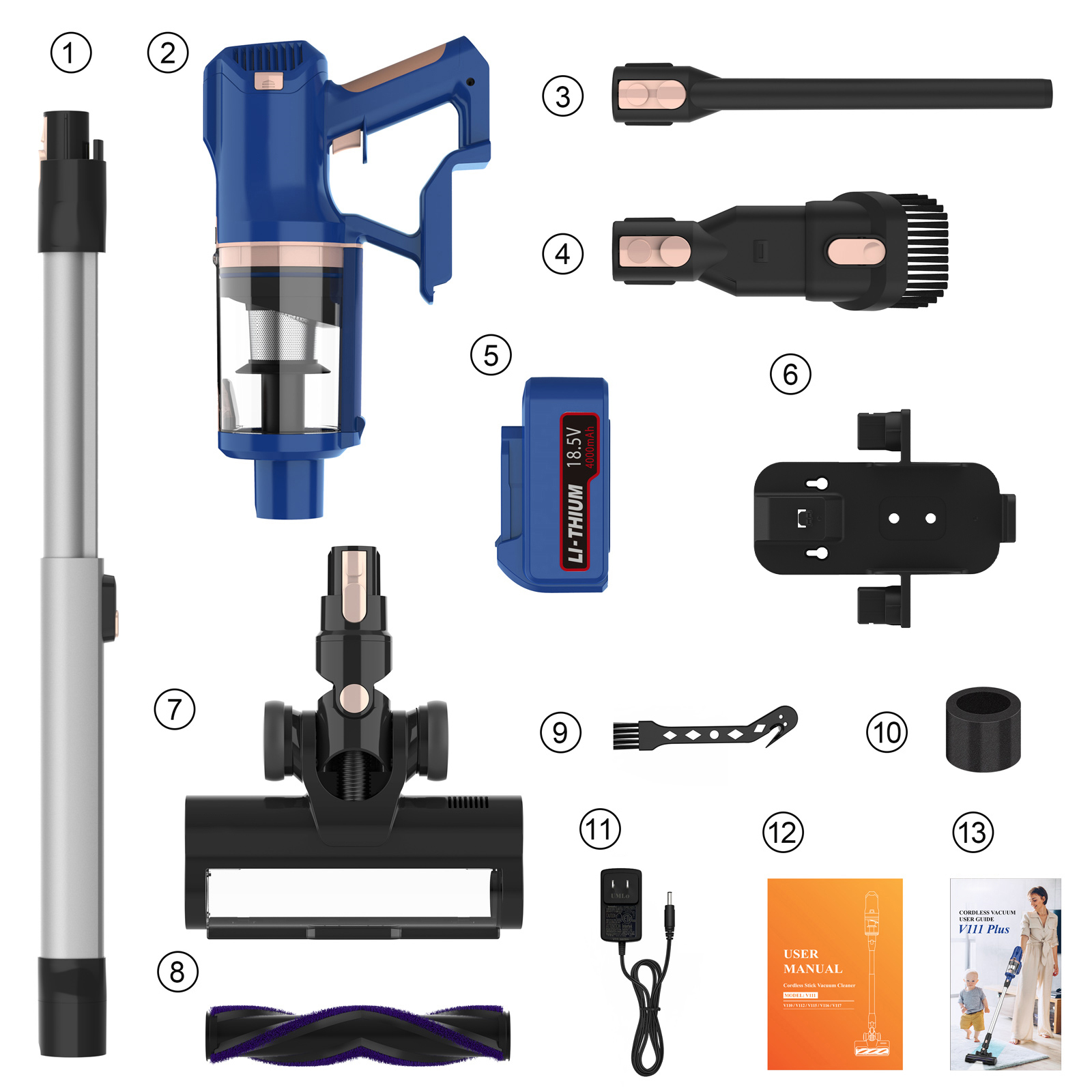 Manico aspirapolvere blu con accessori: tubo, batteria, spazzole, caricabatterie e manuale.