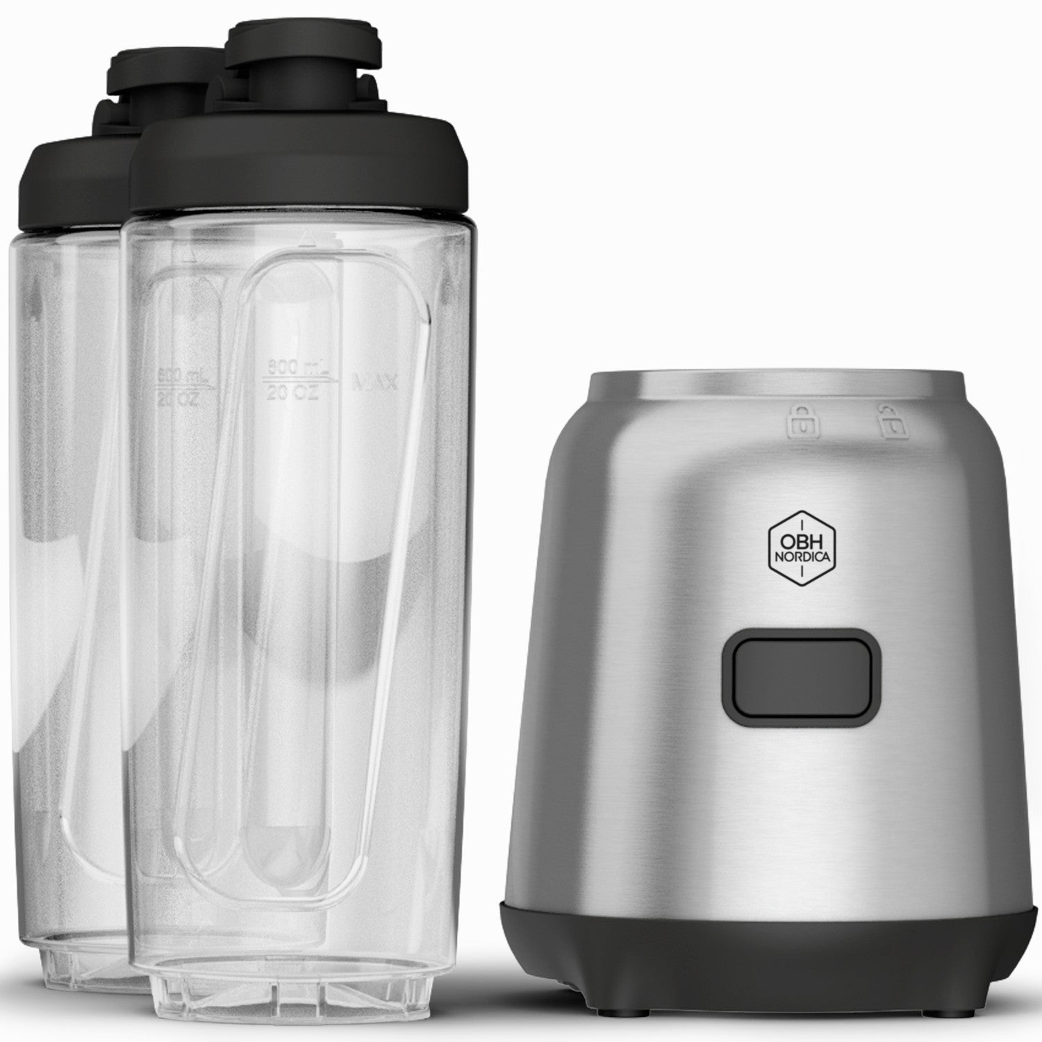 Two clear bottles with black lids and a silver blender base sit side-by-side.