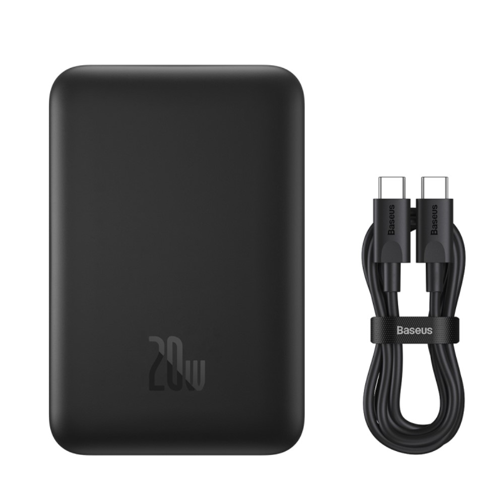 Power bank nero con logo 20W e cavo USB-C nero con cinturino Baseus.