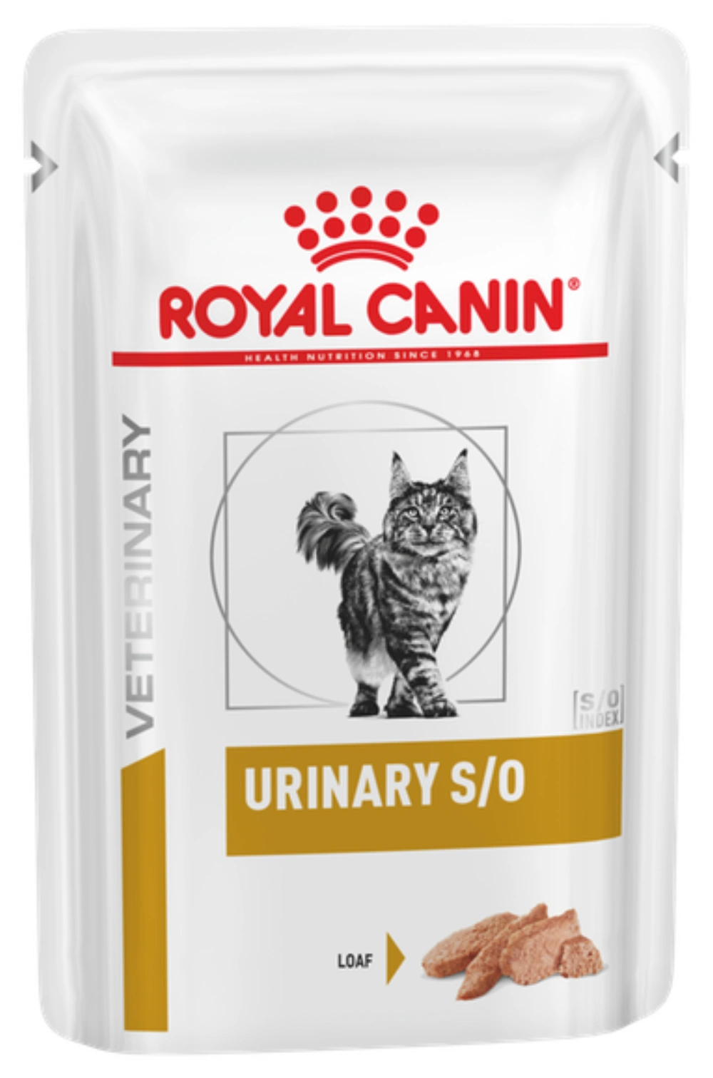 Bolsa de comida para gatos Royal Canin Urinary S/O con gato atigrado y paté.