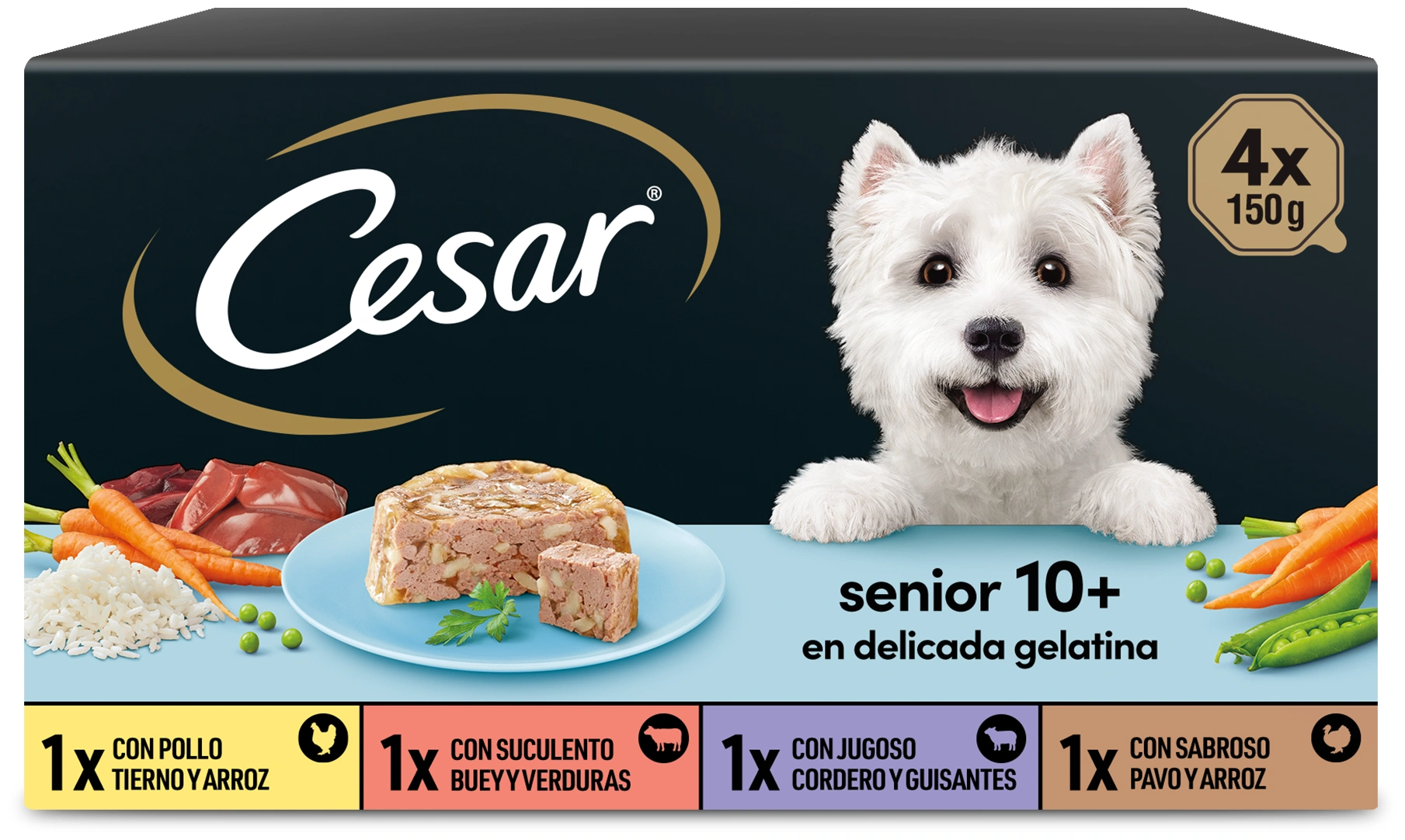 Caja de comida para perros Cesar con perro blanco, carne y verduras.