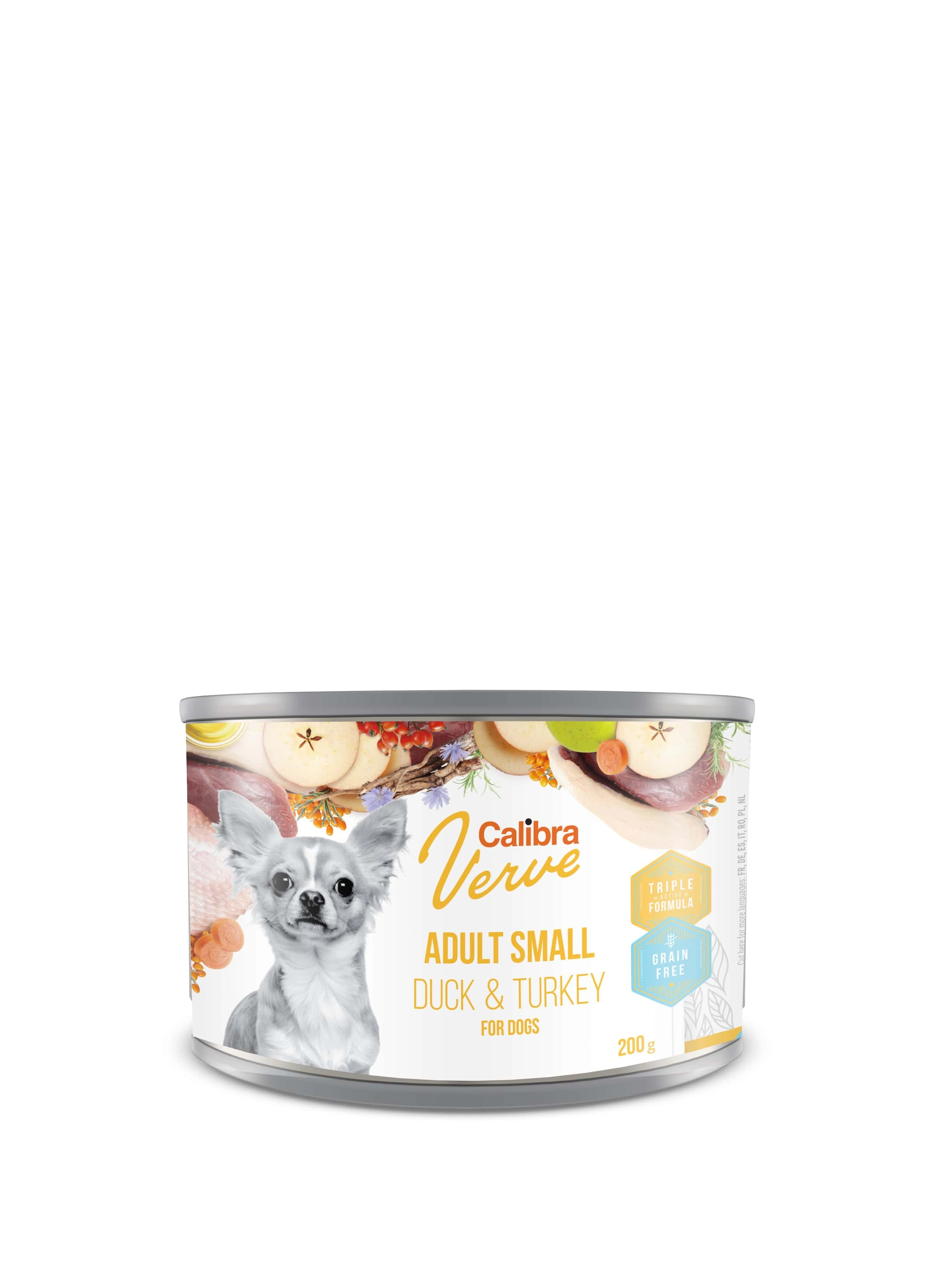 Lata de comida para perros con perro e ingredientes. 'Calibra Verve Adult Small Duck & Turkey'.