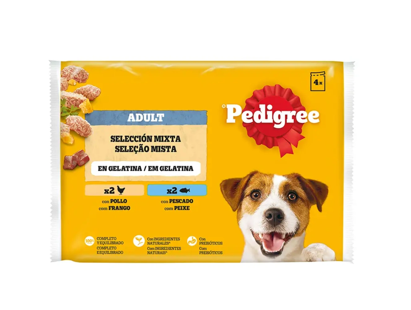 Un paquete de comida Pedigree para perros adultos, selección mixta en gelatina.