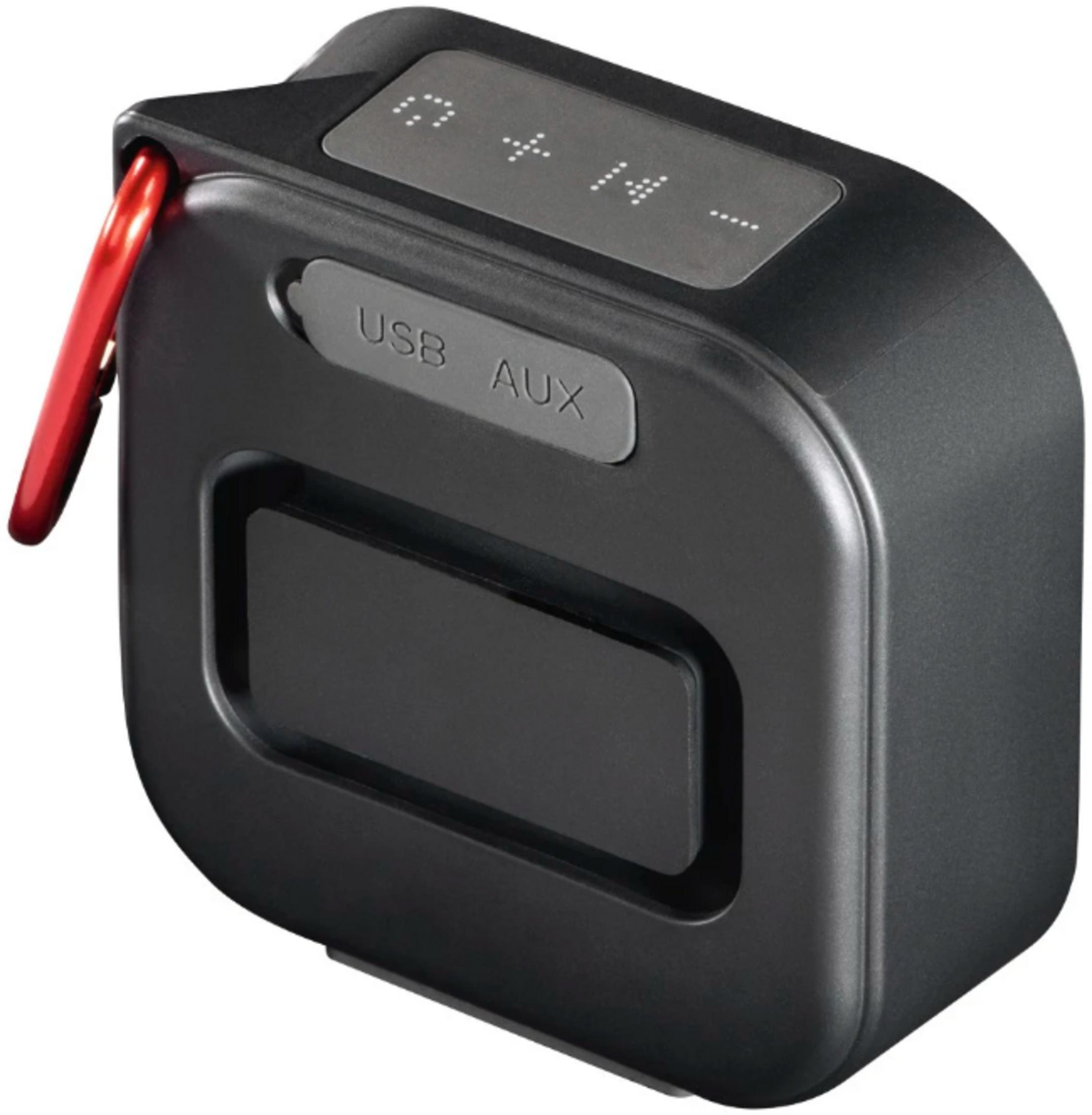 Un altoparlante Bluetooth nero e compatto con laccetto rosso e pulsanti.