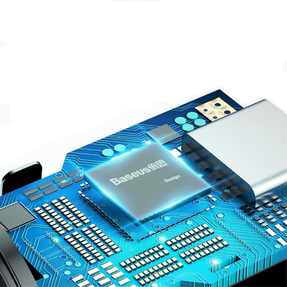 Zbliżenie płytki drukowanej z srebrnym chipem z napisem „Baseus Design”.