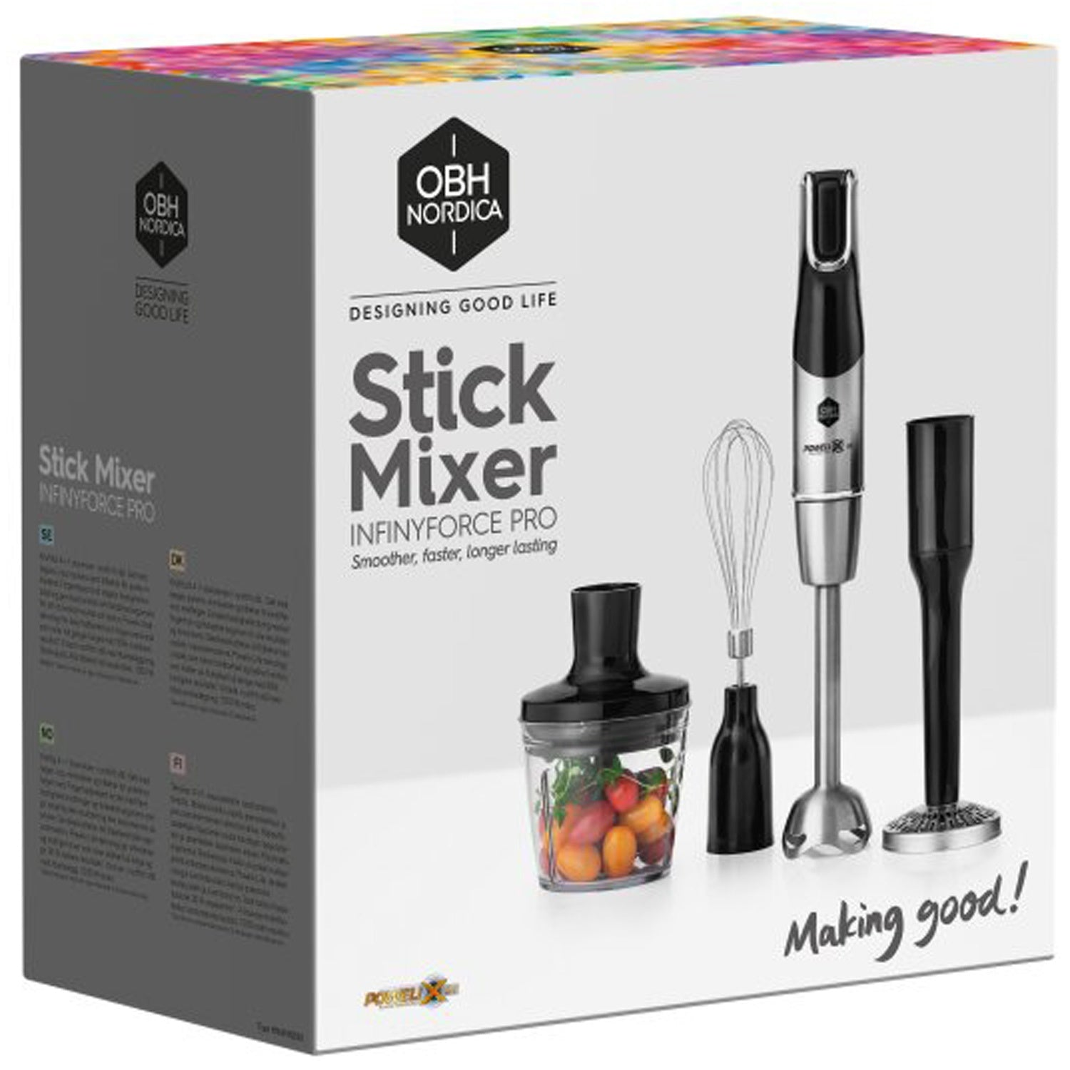 OBH Nordica staafmixer doos met accessoires: staafmixer, garde, hakmolen.
