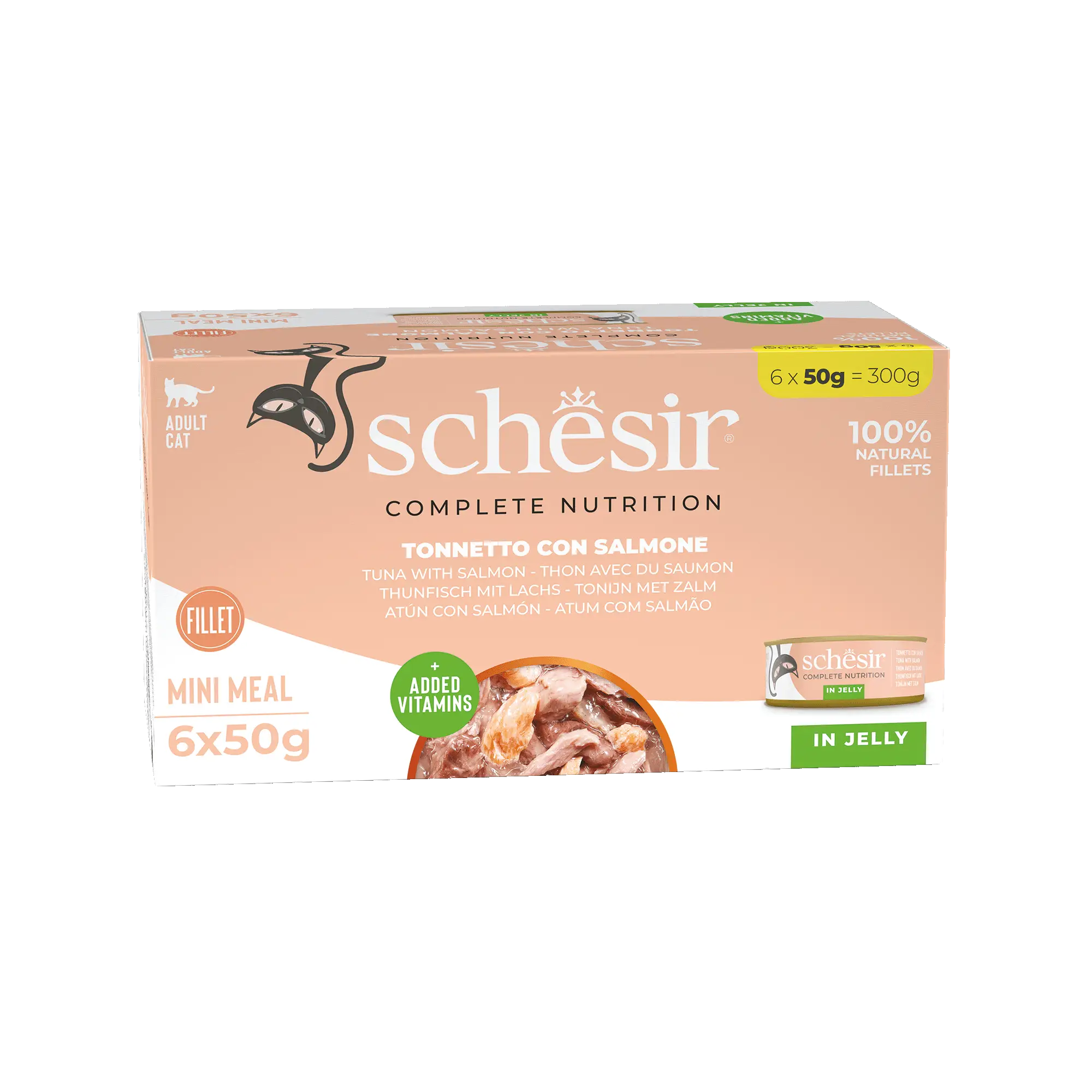Caja de comida para gatos Schisdir: 6 latas de atún con salmón, 50g por lata.