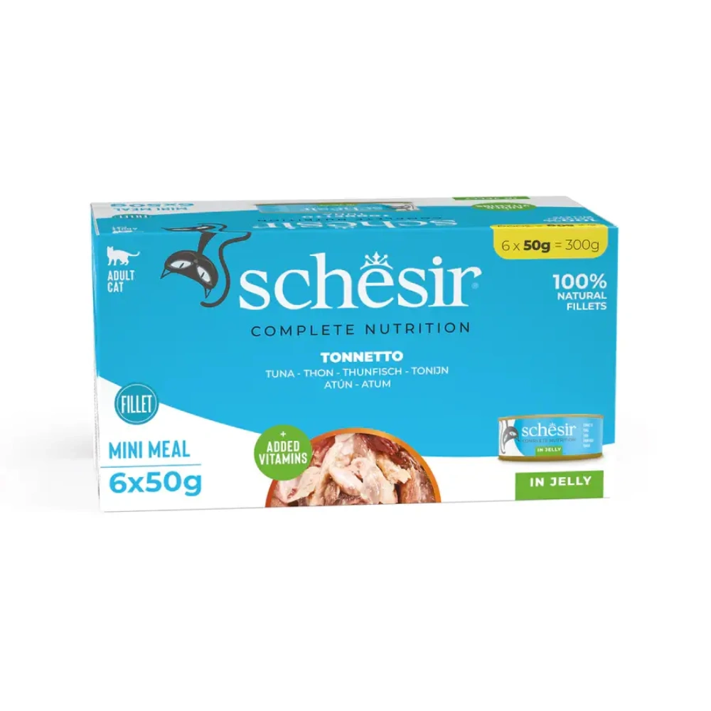 Caja de comida para gatos Schisdir con filetes de atún en gelatina.