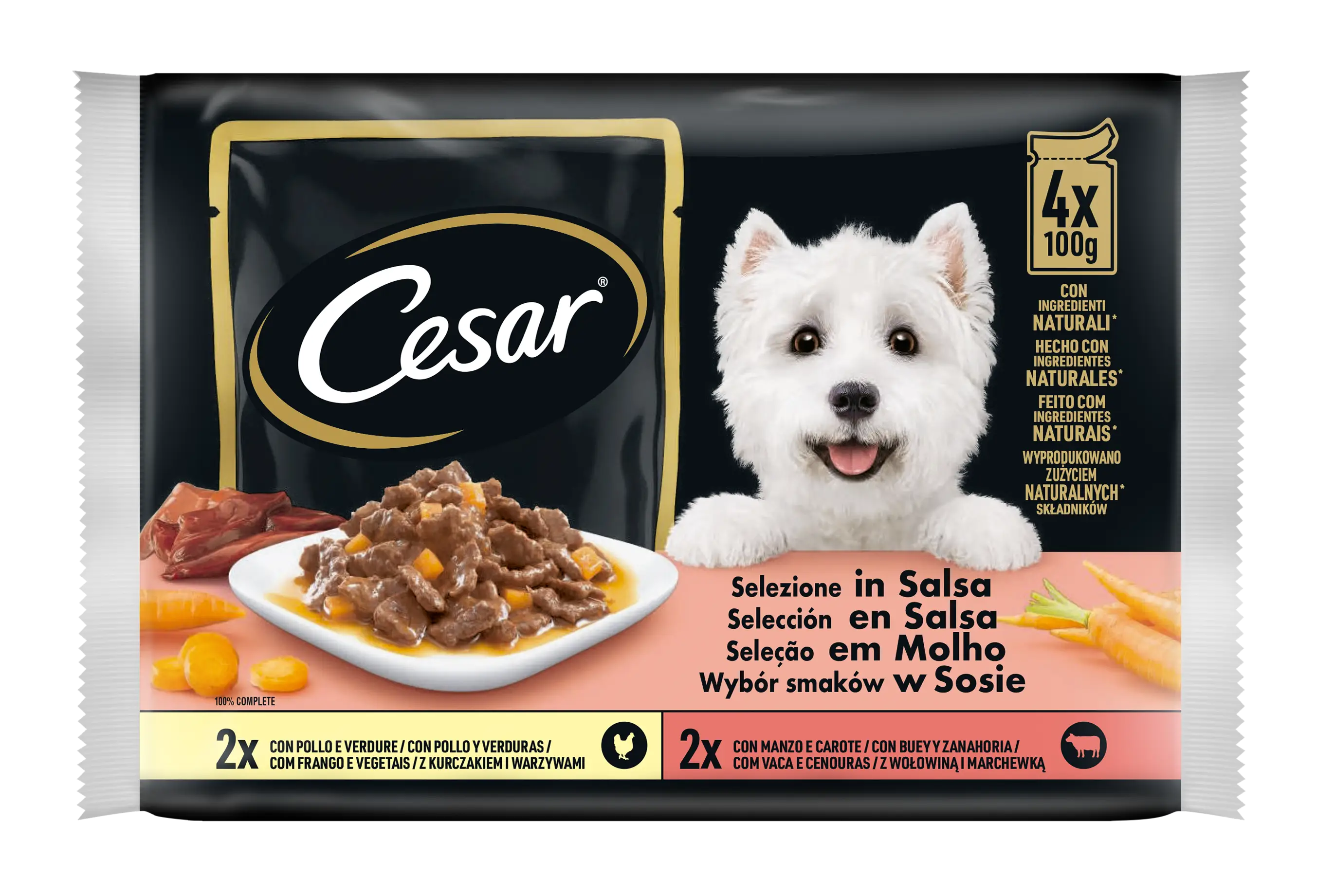 Envase de comida para perros con un perro blanco, carne y zanahorias.