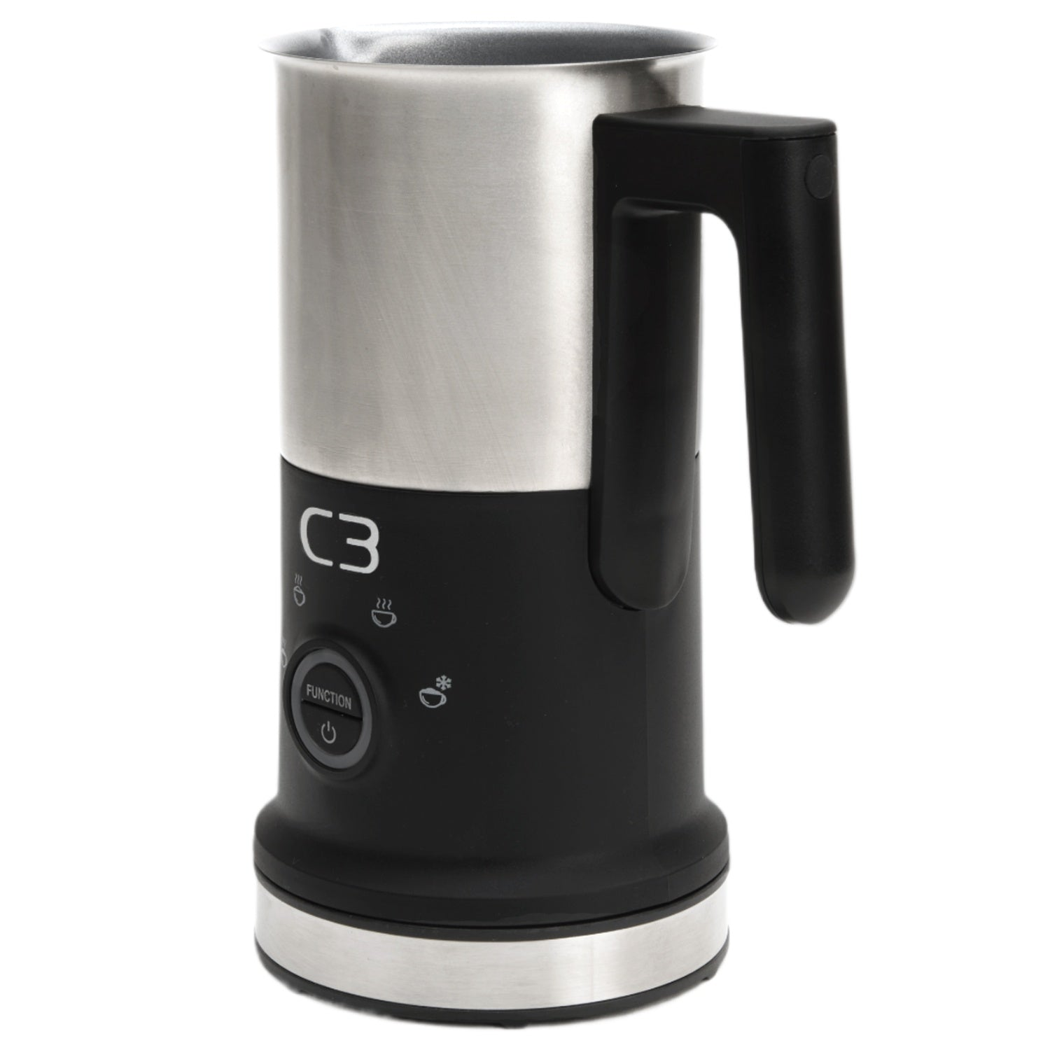 A silver and black milk frother with a handle and function button.