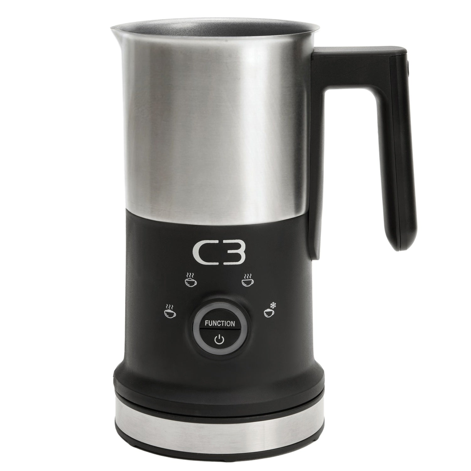 A silver and black milk frother with a handle and control buttons.