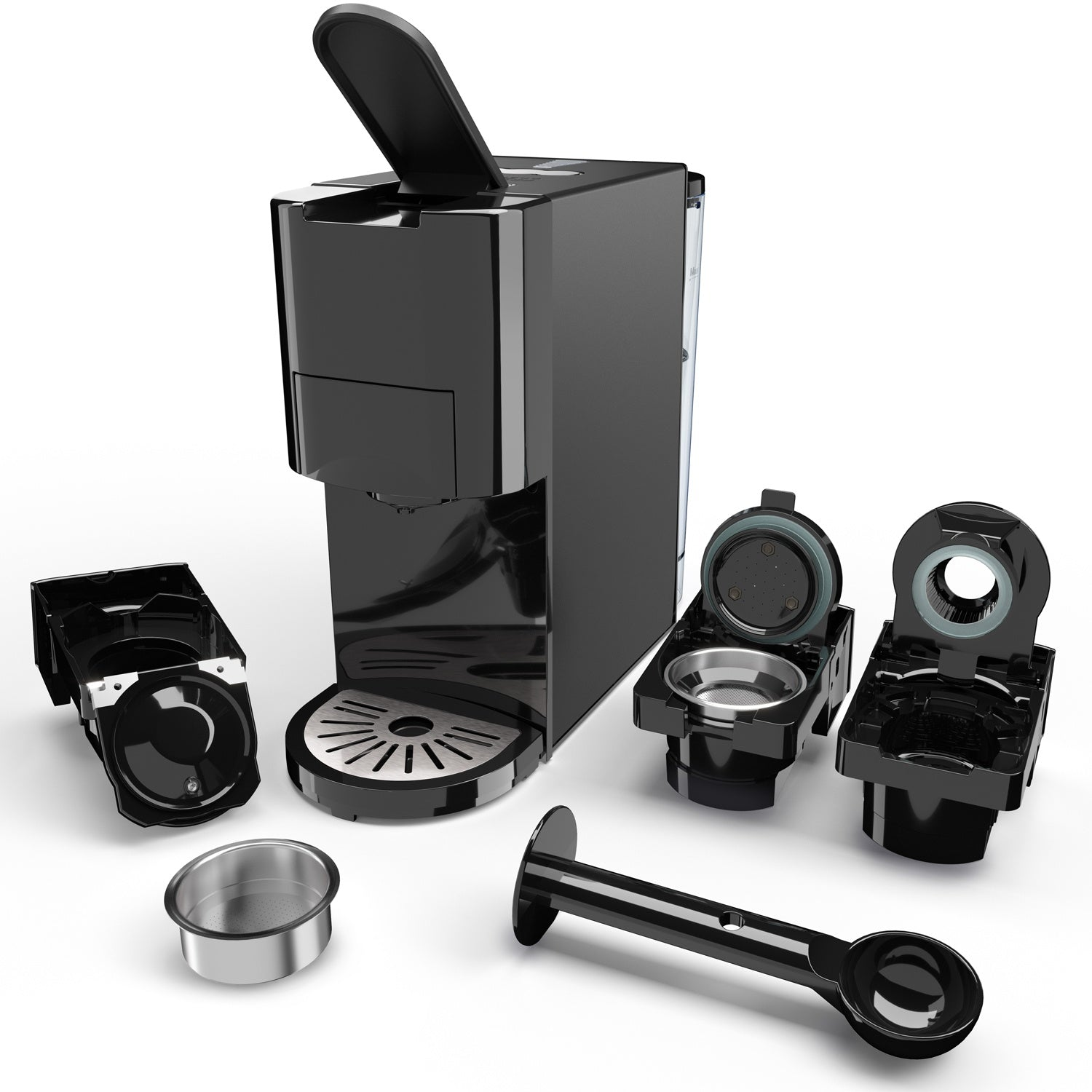 Zwarte koffiemachine met afneembare onderdelen: lekbak, capsulehouder, lepel.
