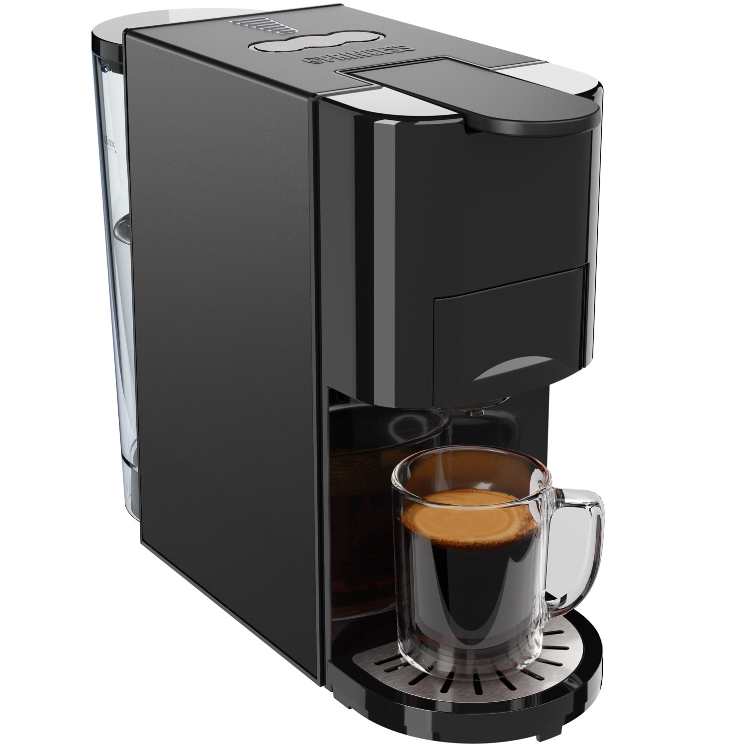 Zwarte koffiezetapparaat met een glazen koffiekop gevuld met donkere koffie.