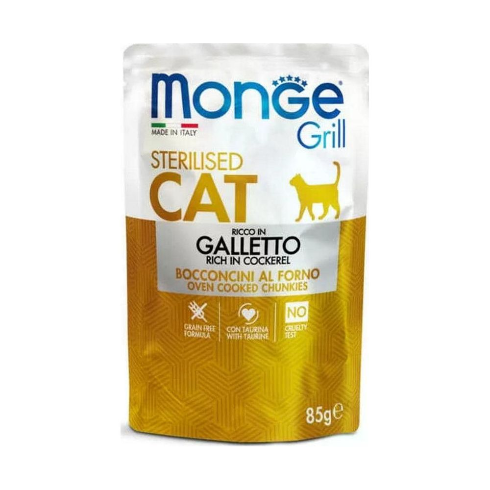 Monge sterilisiertes Katzenfutter, Reich an Wachtel, Ofengebackene Brocken, 85g.