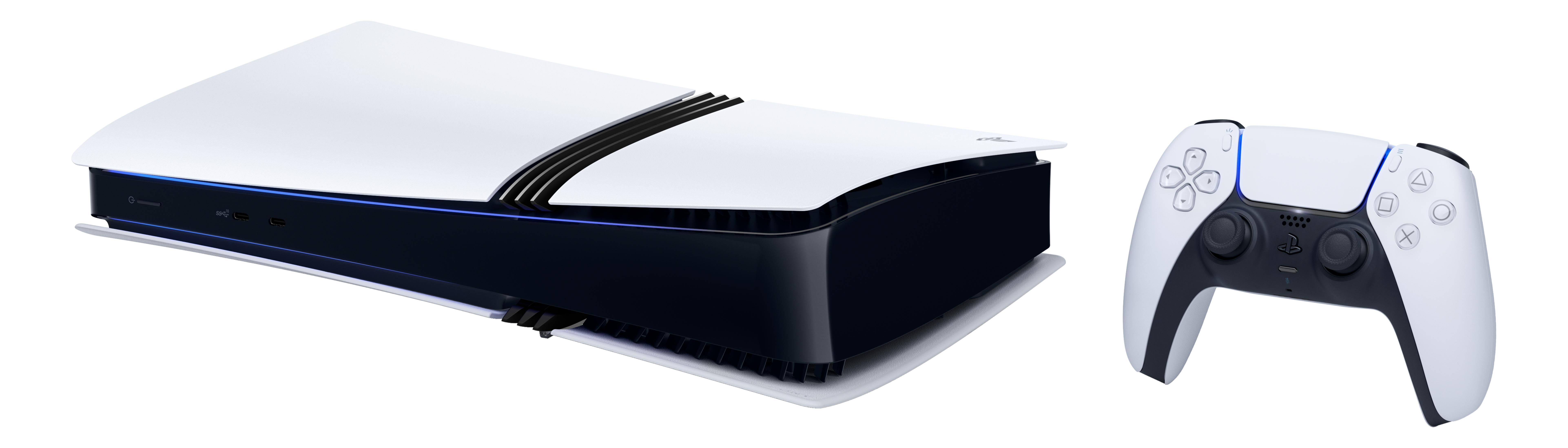 Eine weiße PlayStation 5-Konsole mit blauem Licht und einem weißen Controller daneben.