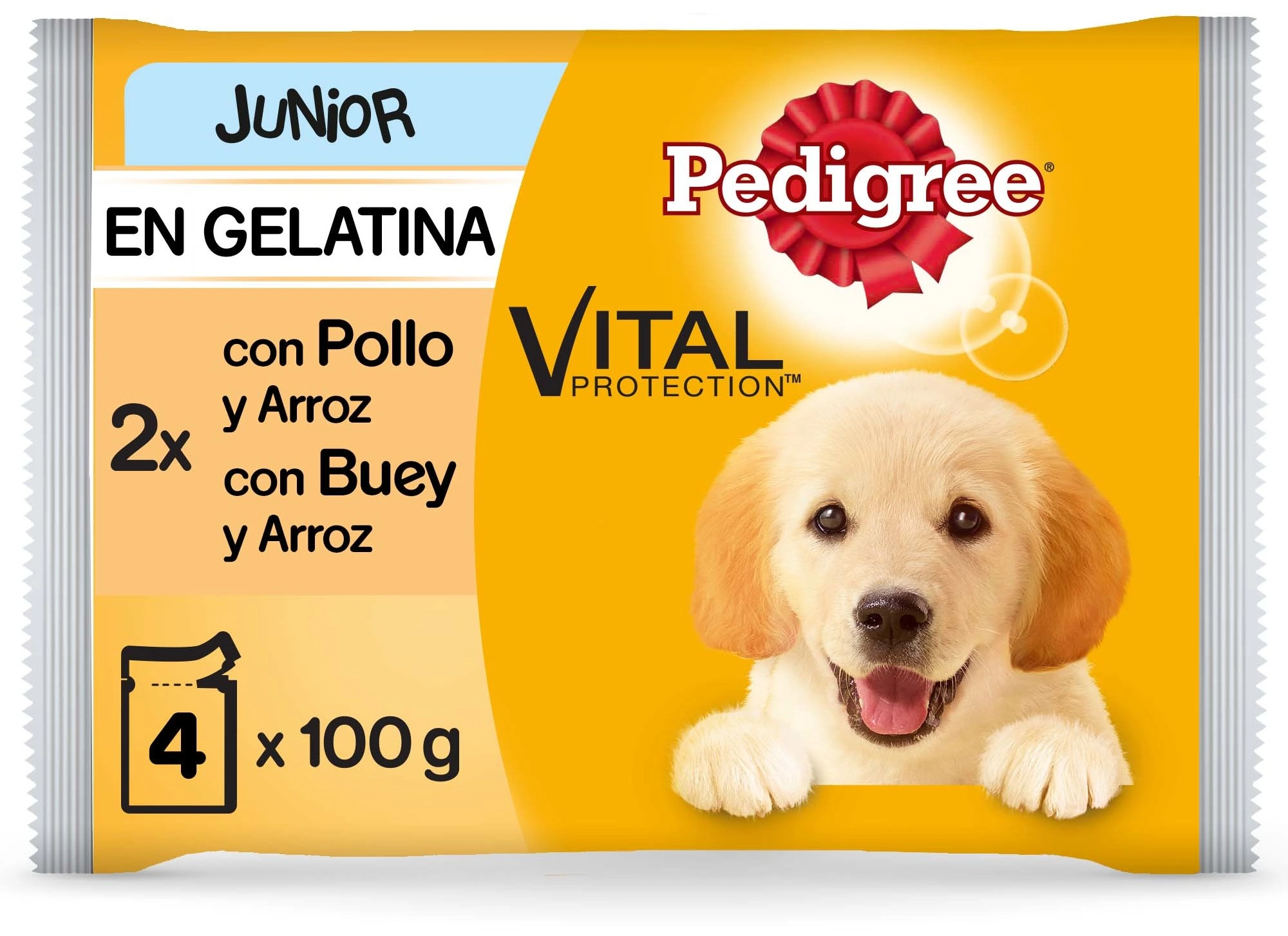 Un paquete de comida para perros Pedigree Junior con un cachorro dorado y texto.