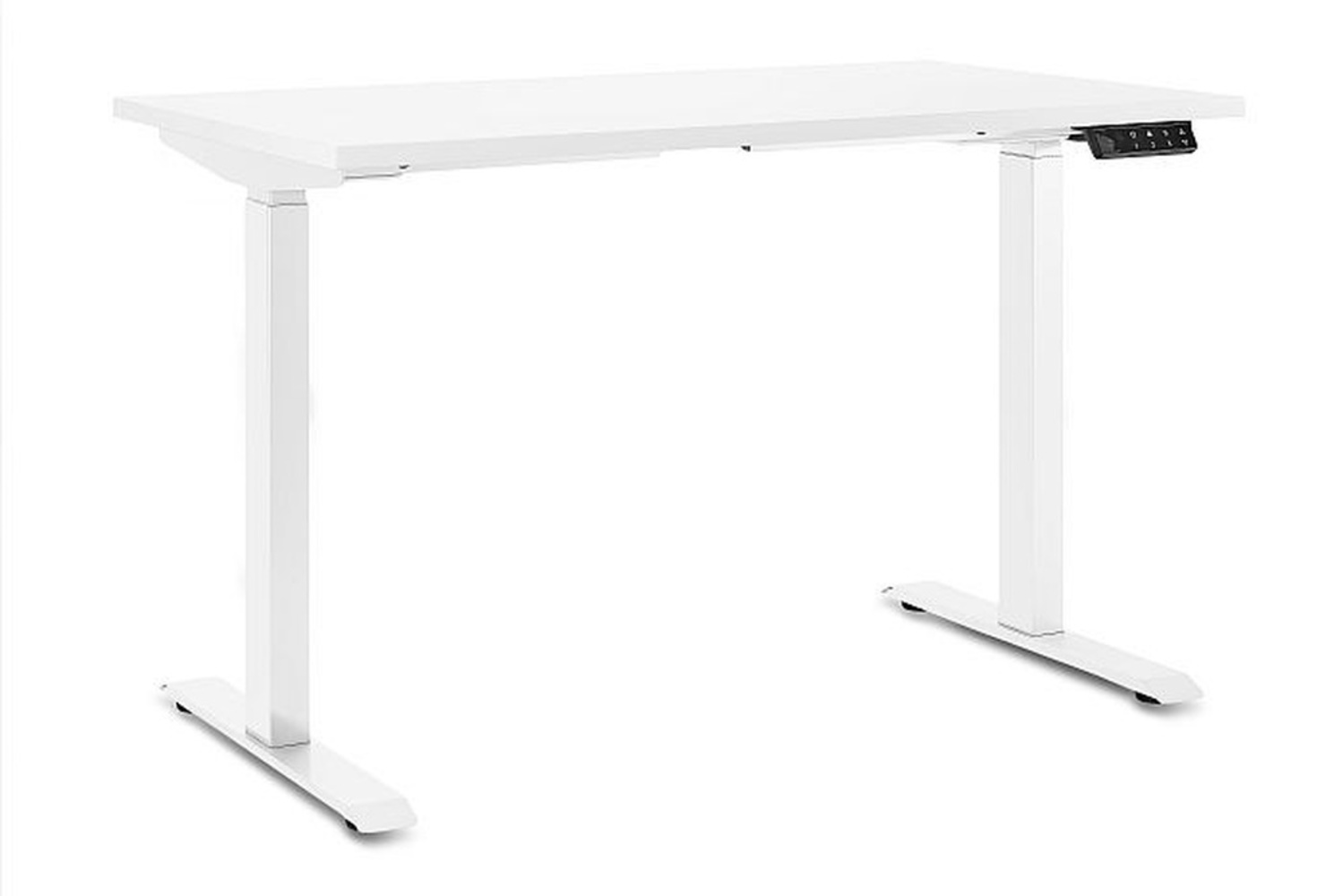 Białe biurko z regulacją wysokości i panelem sterowania po prawej.