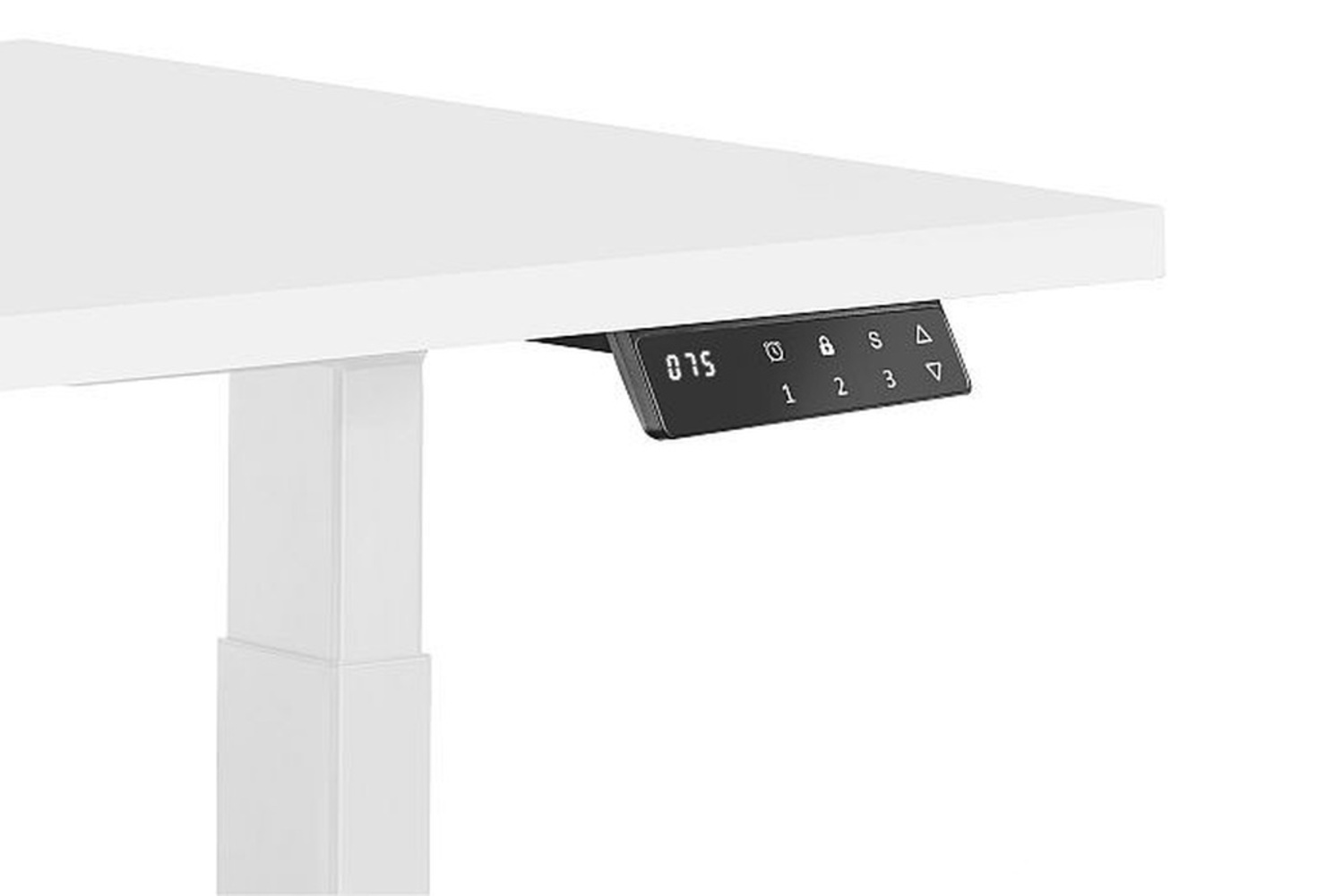 Białe biurko z czarnym panelem sterowania i cyfrowymi wyświetlaczami.