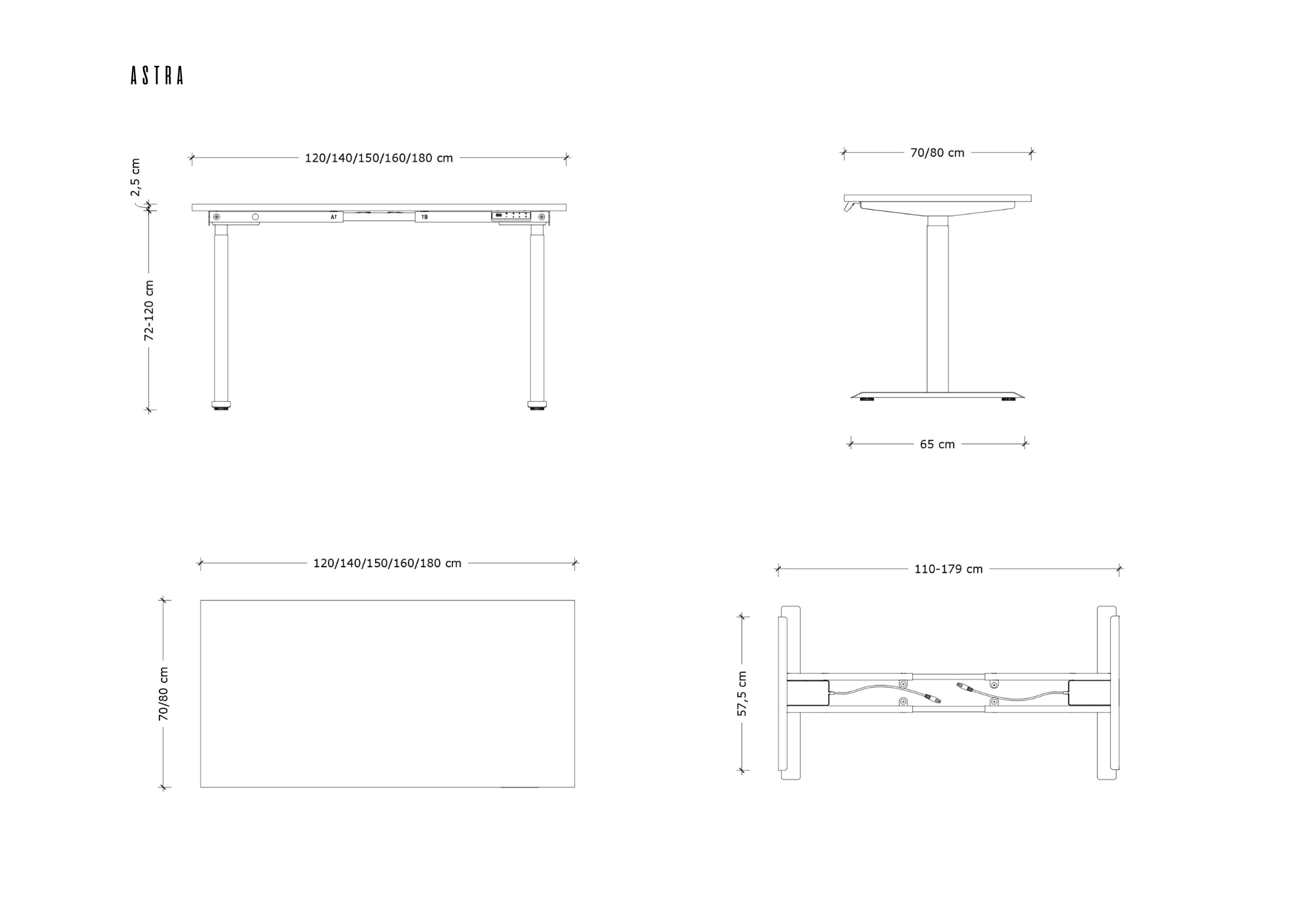 Rysunek techniczny biurka z regulacją wysokości z wymiarami.