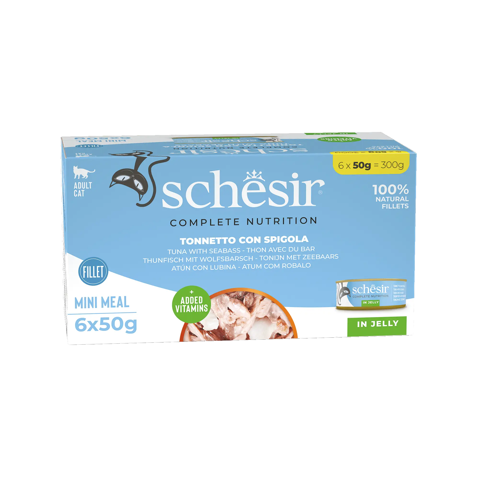 Caja de comida para gatos Schisdir: 6x50g mini comida, atún con lubina, en gelatina.