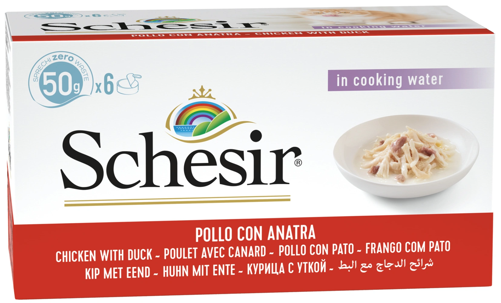 Comida para gatos Schesir en agua de cocción: pollo con pato, 6x50g.