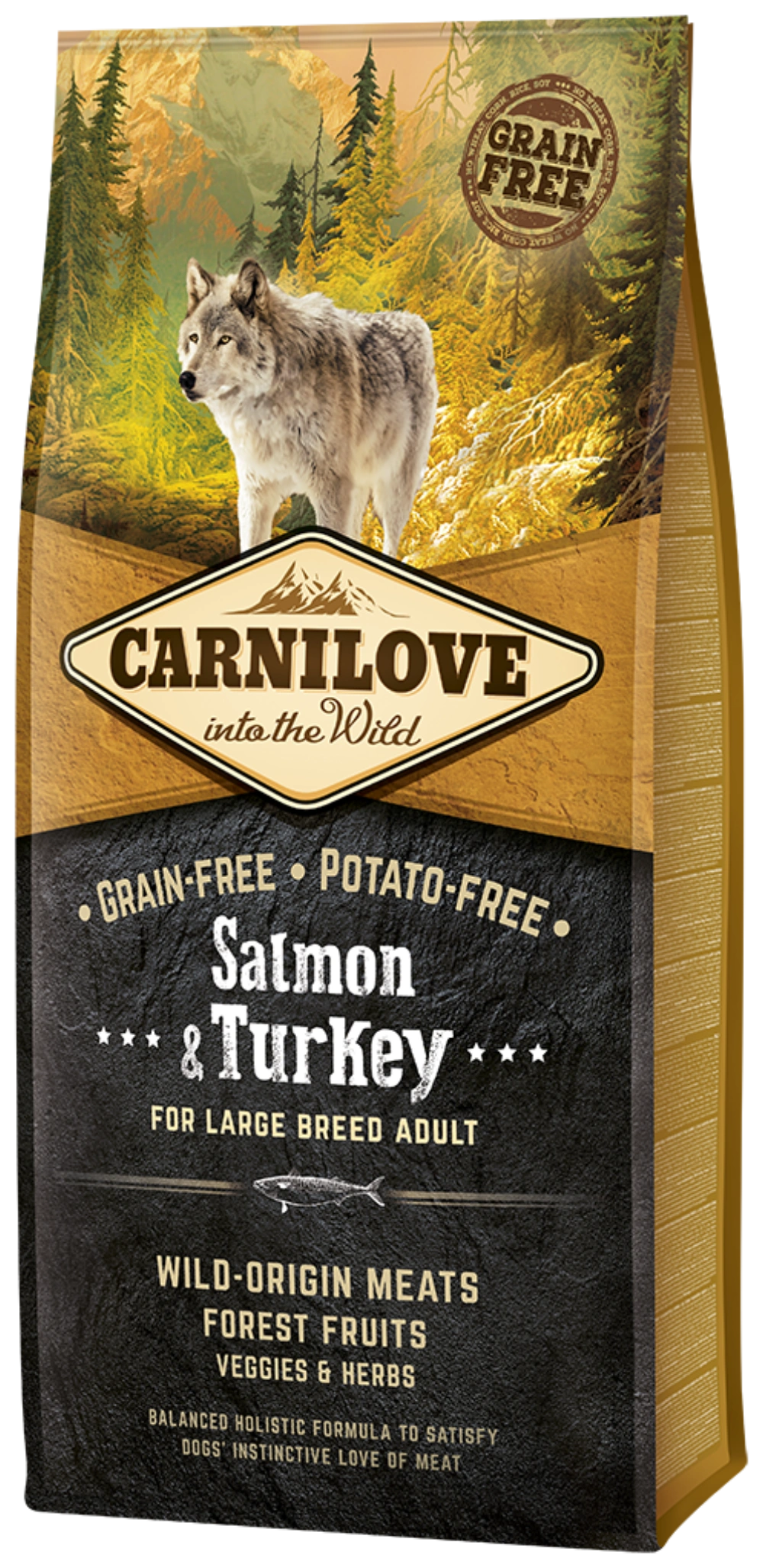 Ilustración de lobo en bolsa de comida para perros Carnilove Salmón y Pavo.