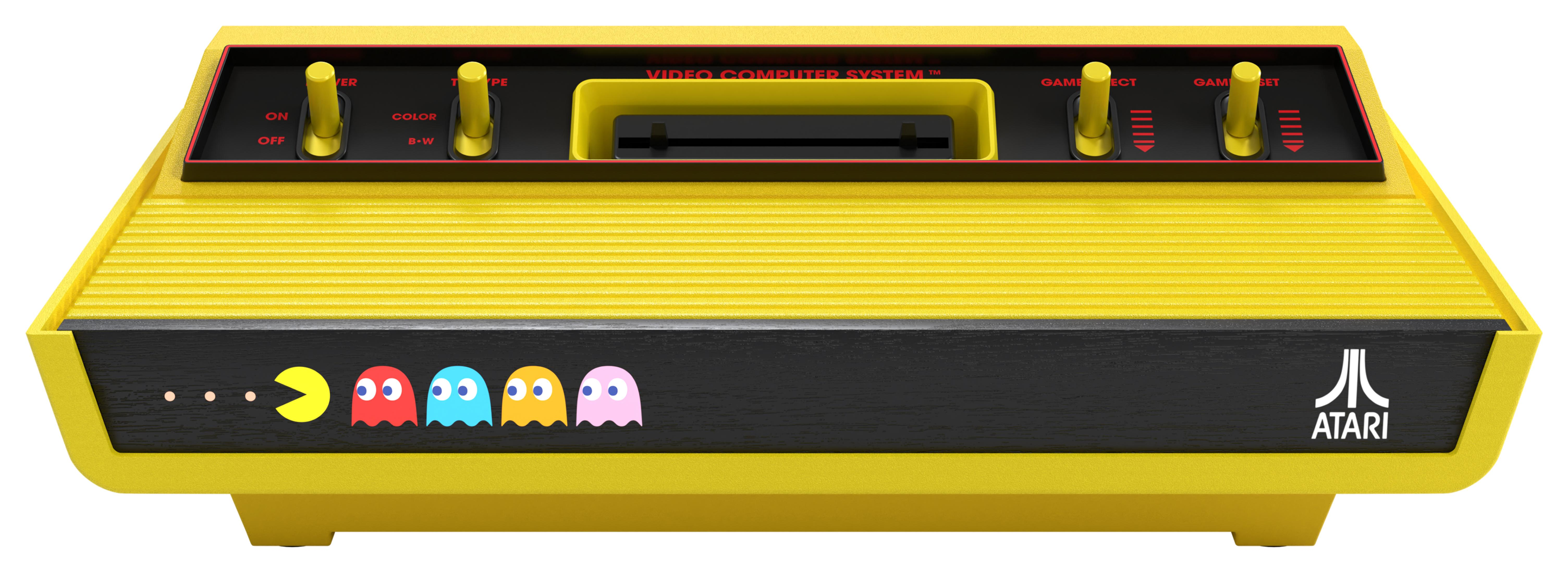 Consola Atari amarilla con gráficos de Pac-Man y controles.