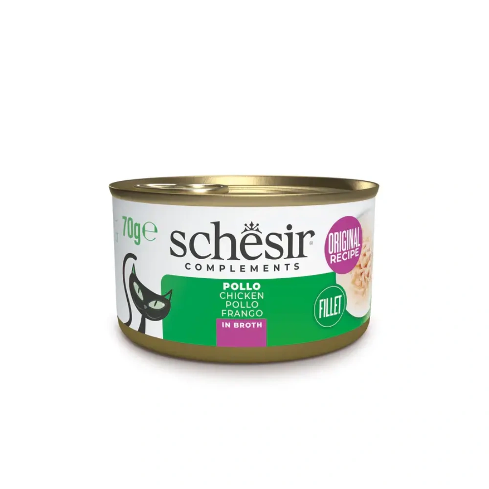 Una lata de 70g de comida para gatos Schesir, pollo en caldo.