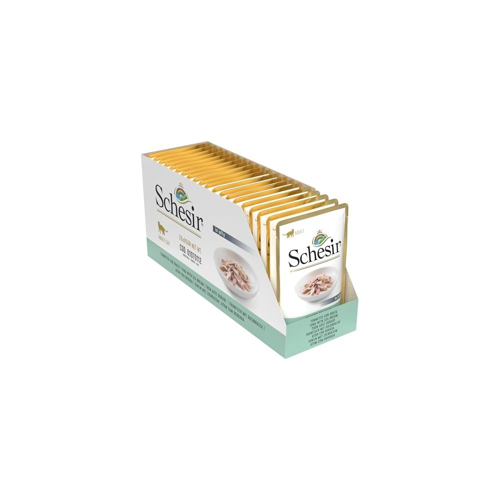Una caja con 20 sobres de comida húmeda Schesir para gatos en gelatina.