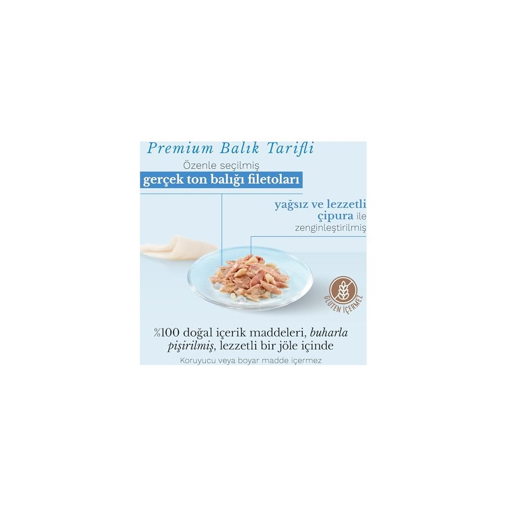 Receta Premium de Pescado: Filetes de atún real seleccionados enriquecidos con dorada deliciosa y sin grasa.