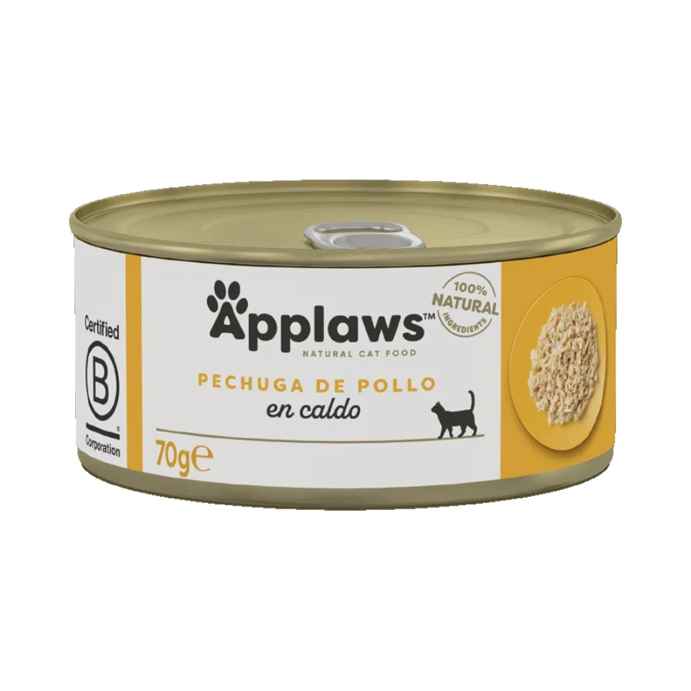 Comida para gatos Applaws: pechuga de pollo en caldo, lata de 70g.