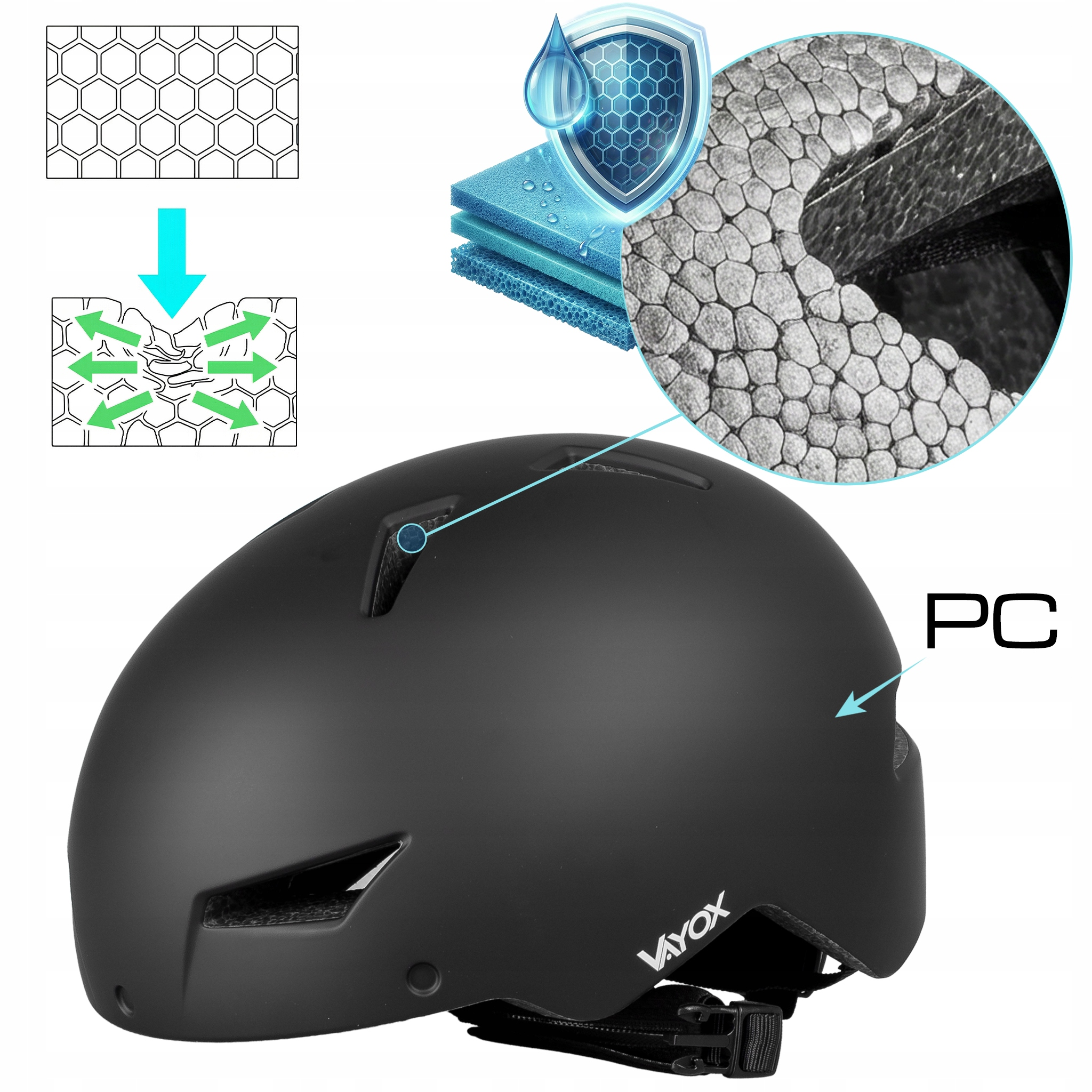 Czarny kask ze szczegółowym przedstawieniem amortyzującej struktury plastra miodu.