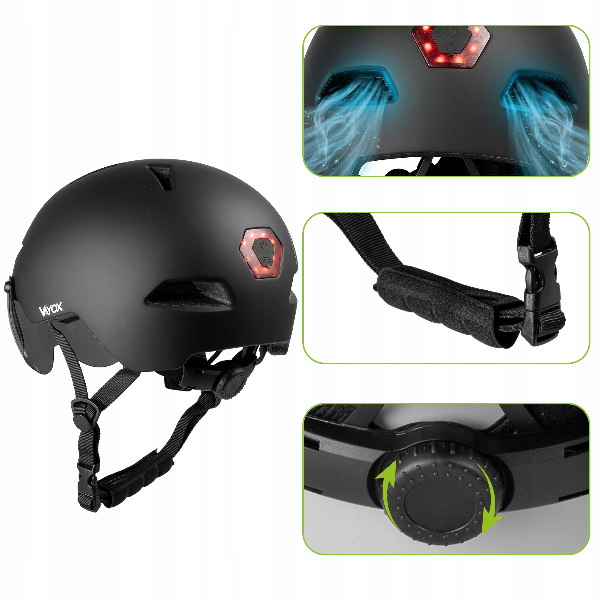 Czarny kask rowerowy z czerwonym światłem tylnym, otworami wentylacyjnymi i pokrętłem.