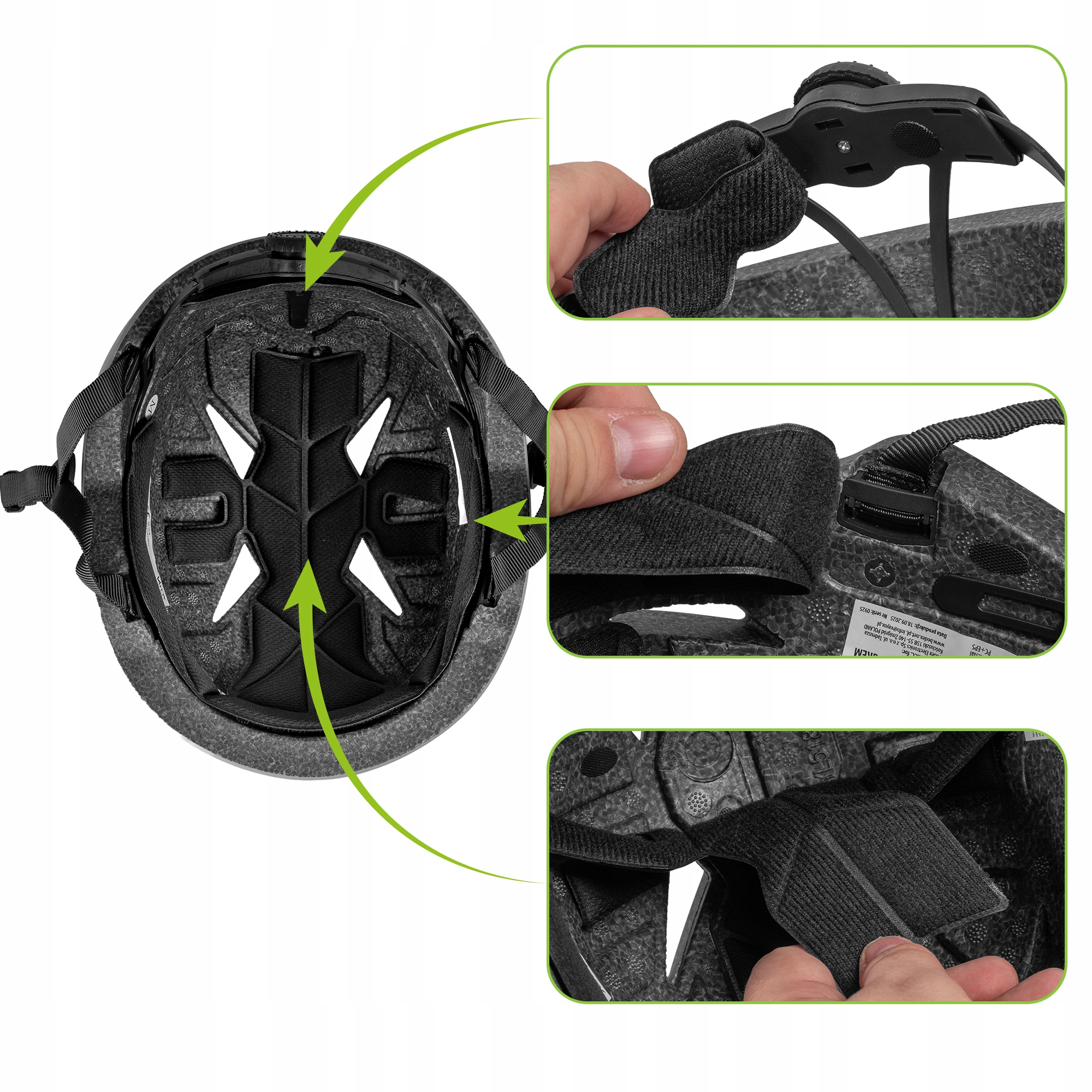 Wnętrze czarnego kasku rowerowego z regulowanymi paskami i wyściółką.