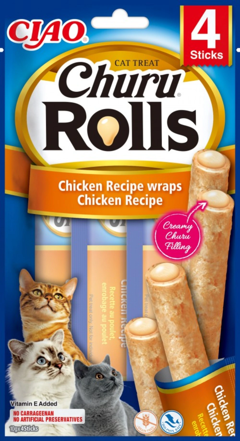 Paquete de golosinas de pollo Churu Rolls para gatos, 4 unidades, con gatos.