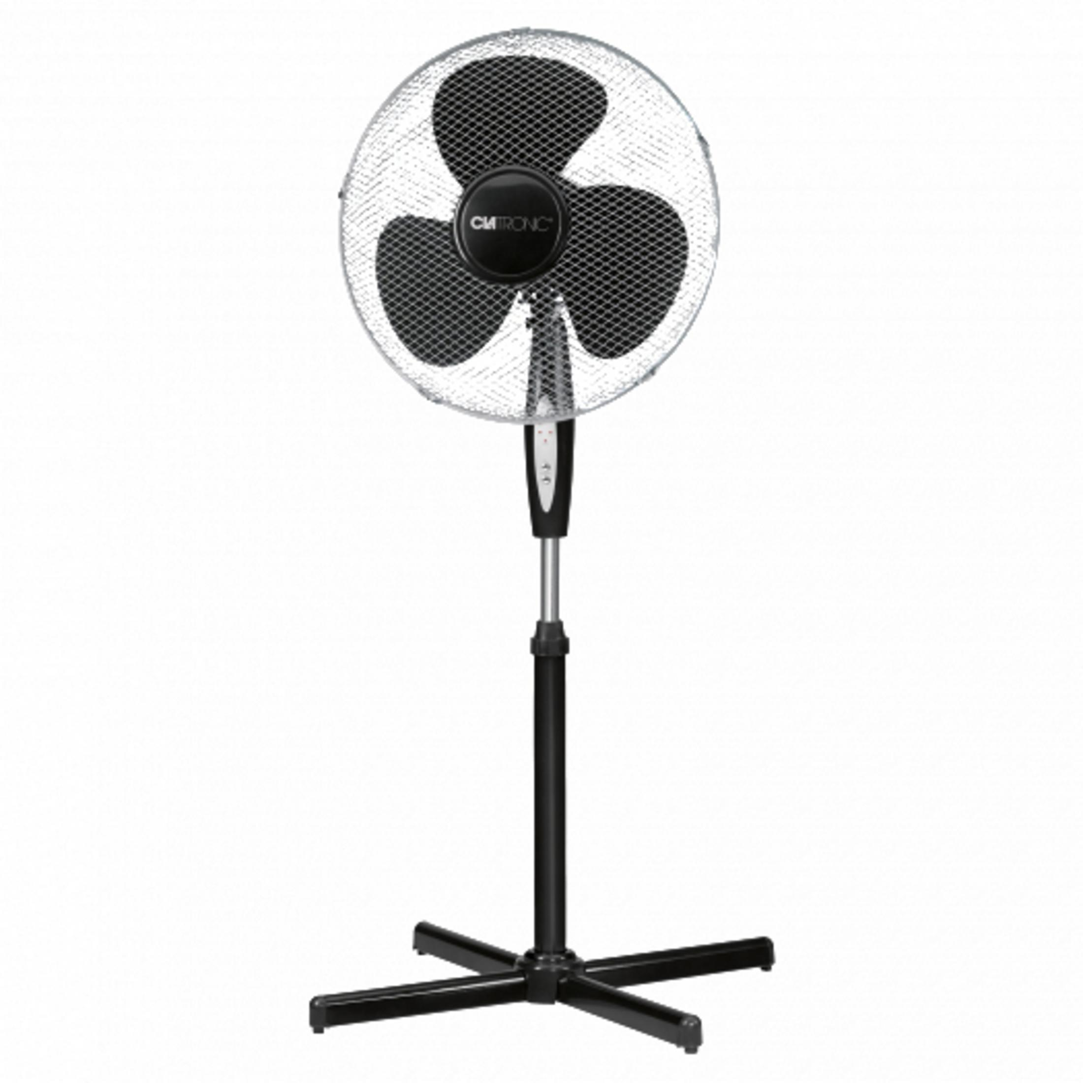 Czarny wentylator stojący z srebrnym słupkiem i podstawą krzyżową.