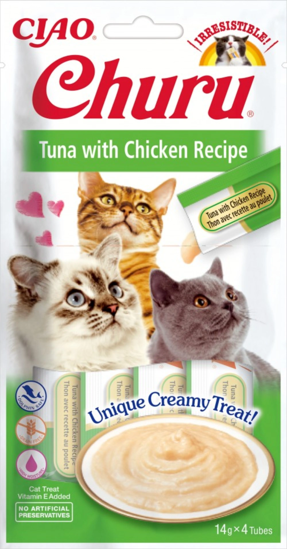 Golosina Churu para gatos: Tres gatos miran hacia arriba, junto a un cuenco con crema.