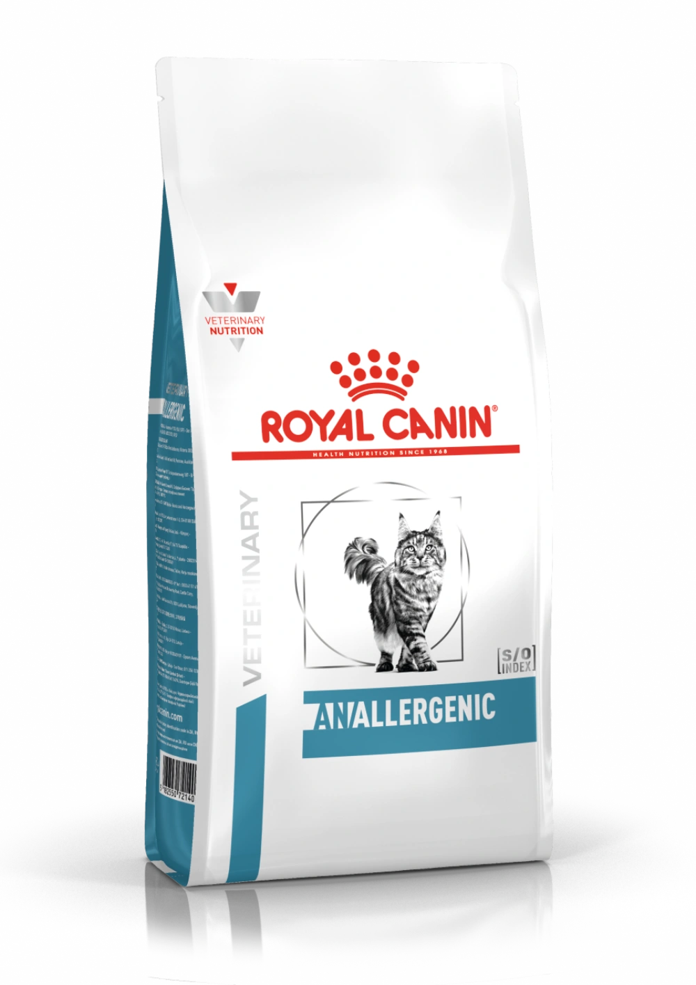 Bolsa de comida para gatos Royal Canin veterinaria con ilustración de gato y texto "Anallergenic".