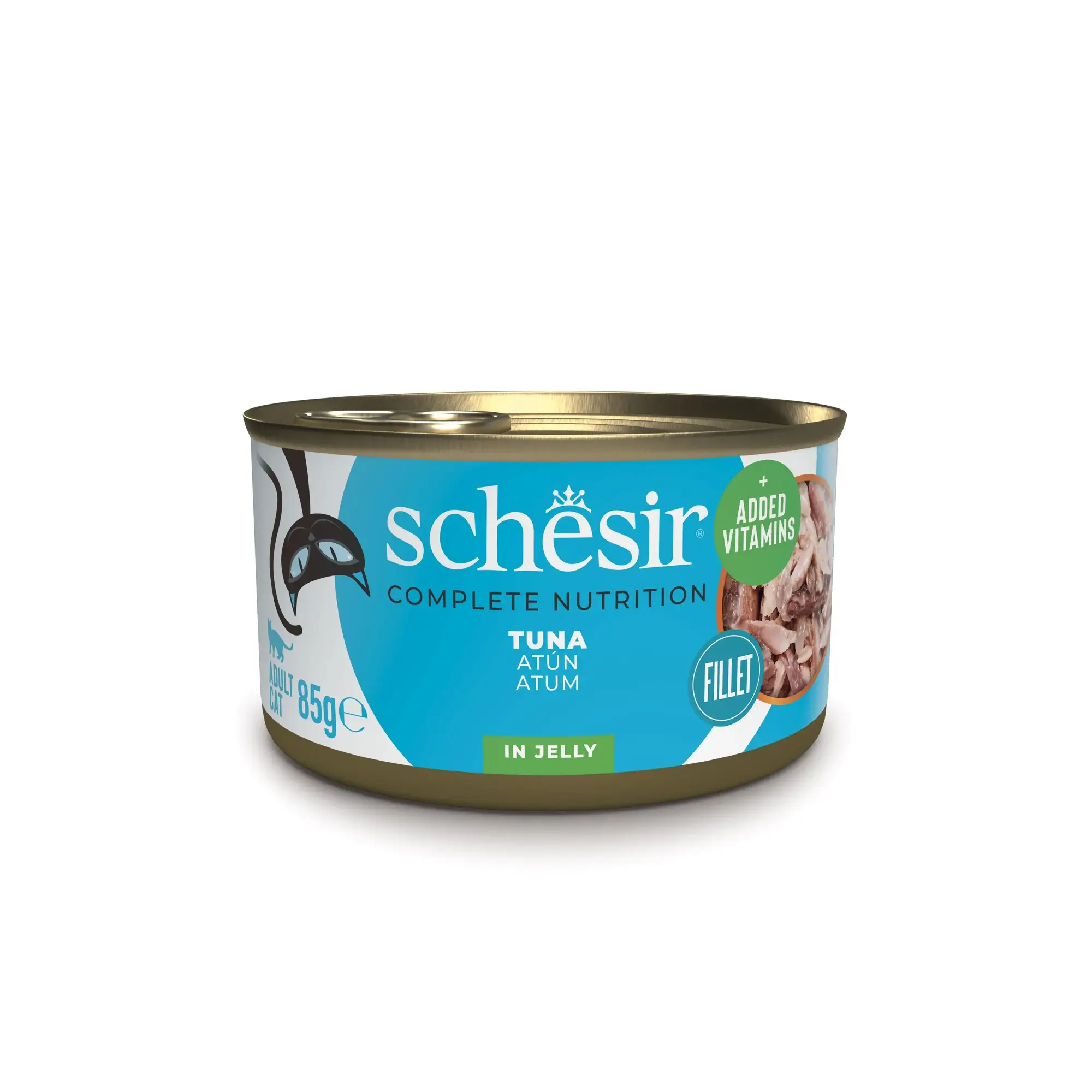 Una lata de comida para gatos con filete de atún en gelatina y vitaminas añadidas.