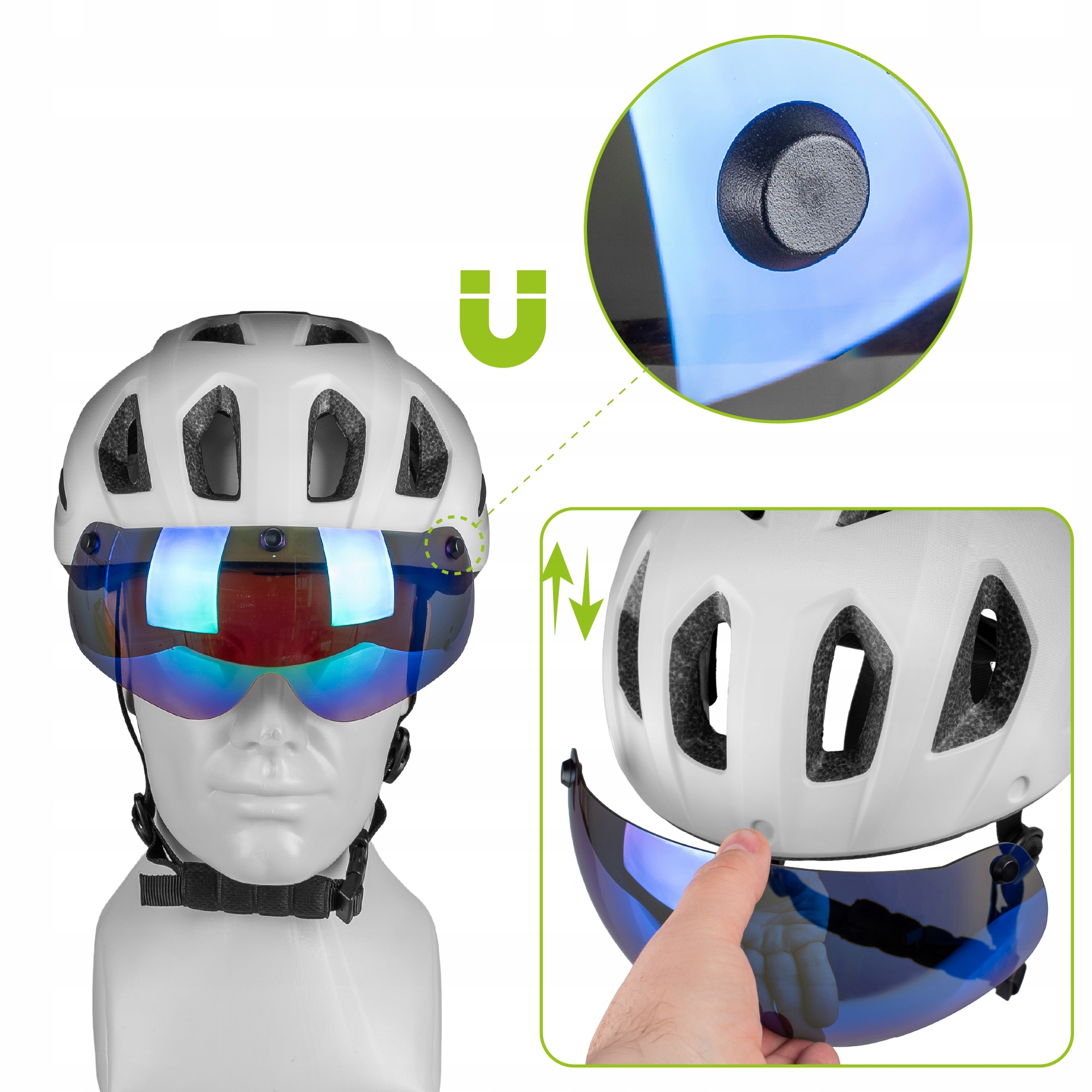 Biały kask rowerowy z odpinanym wizjerem na manekinie.